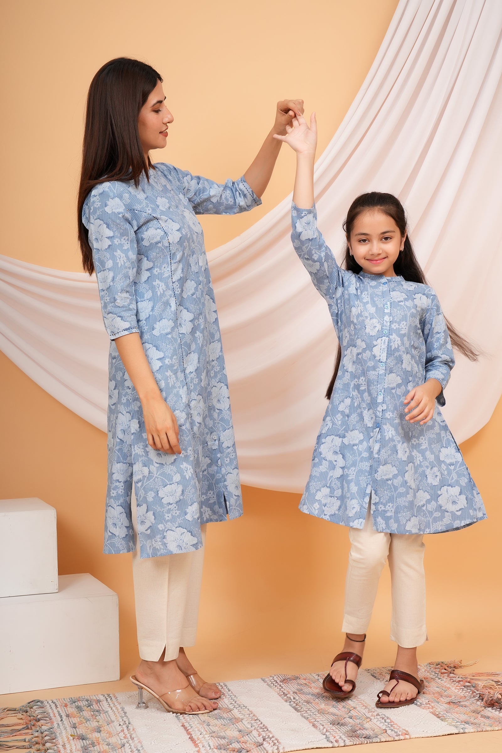 Floral Themed Blue Base White Flower Printed Traditional Kurti Maa Beti Duo - Sky Blue