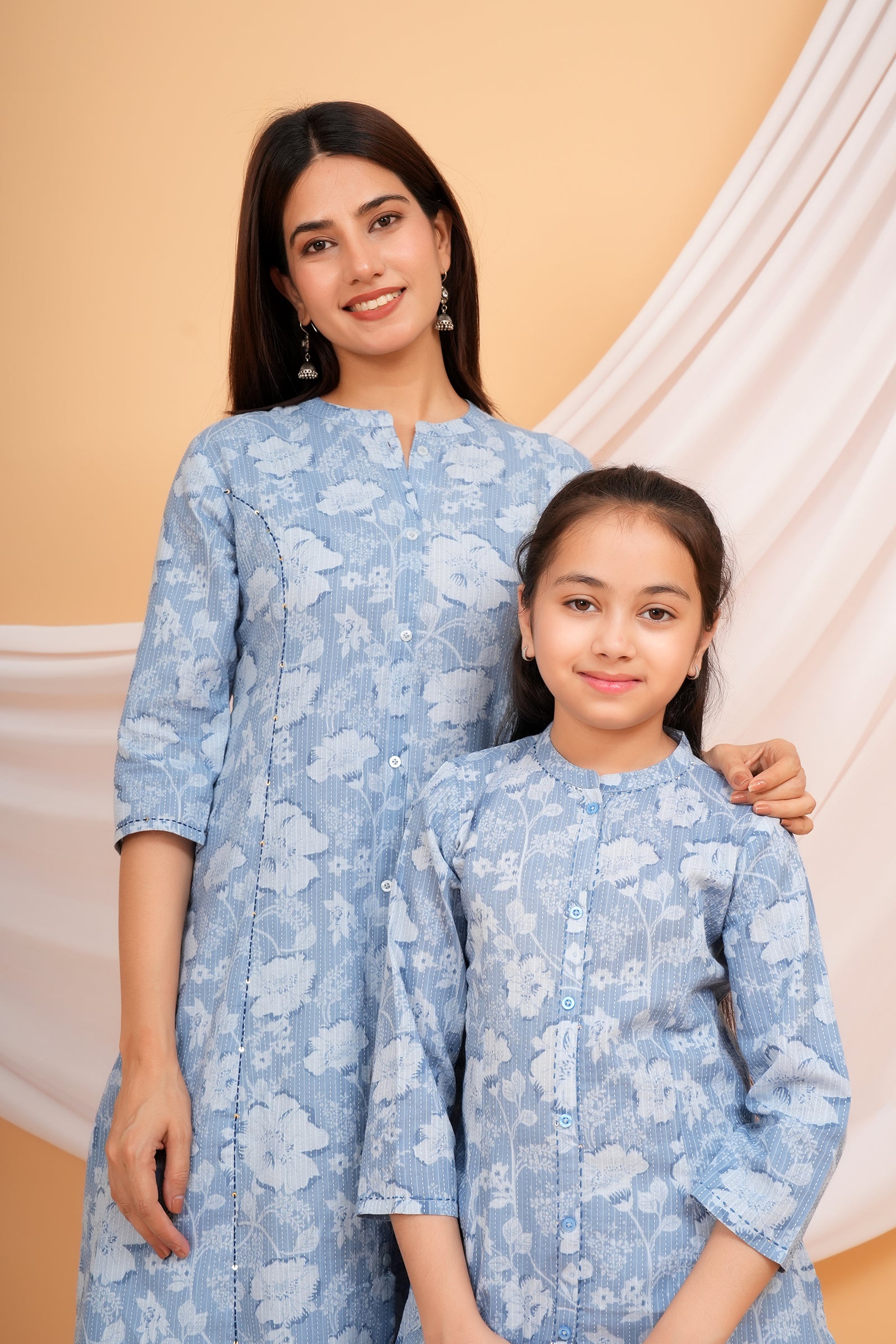 Floral Themed Blue Base White Flower Printed Traditional Kurti Maa Beti Duo - Sky Blue