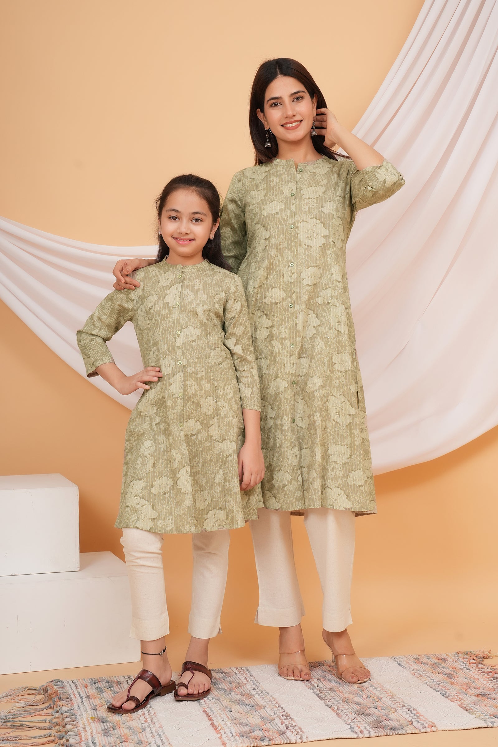 Floral Themed Greyish Green Base with Flower Printed Traditional Kurti Maa Beti Duo - Grey Green