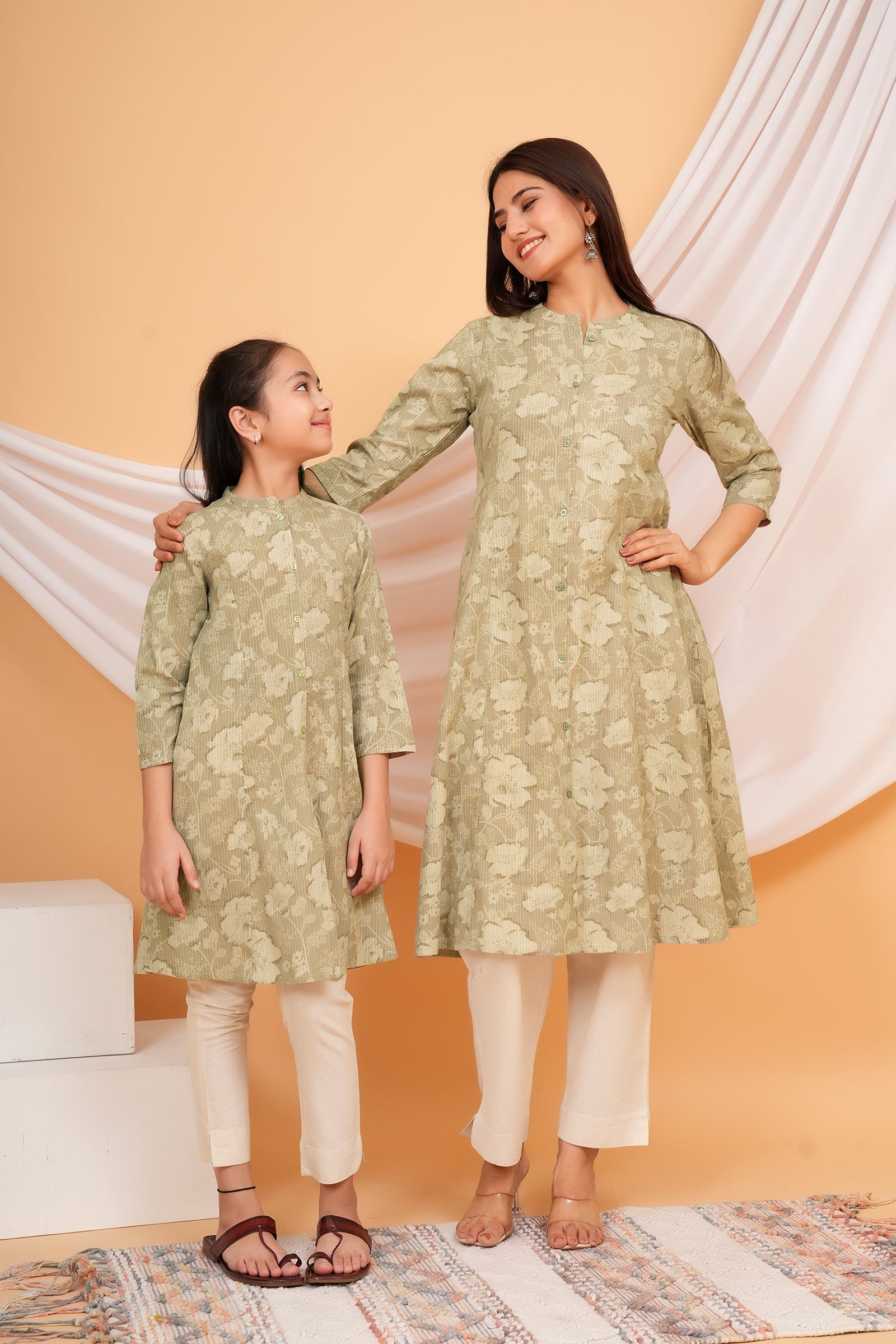 Floral Themed Greyish Green Base with Flower Printed Traditional Kurti Maa Beti Duo - Grey Green