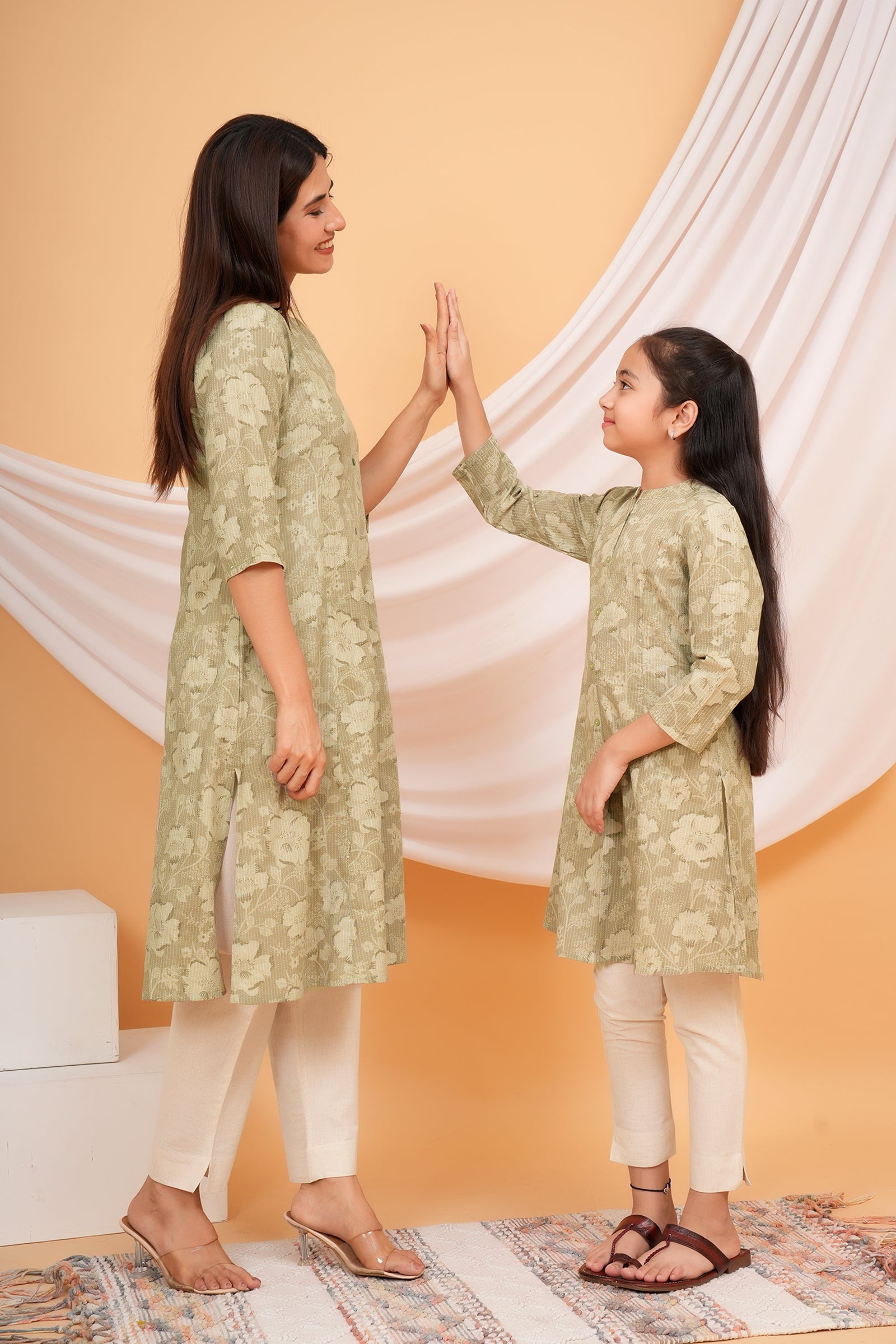 Floral Themed Greyish Green Base with Flower Printed Traditional Kurti Maa Beti Duo - Grey Green
