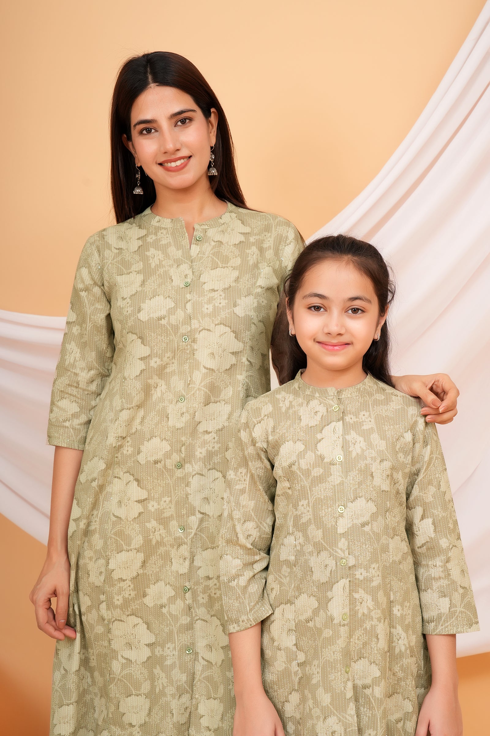 Floral Themed Greyish Green Base with Flower Printed Traditional Kurti Maa Beti Duo - Grey Green