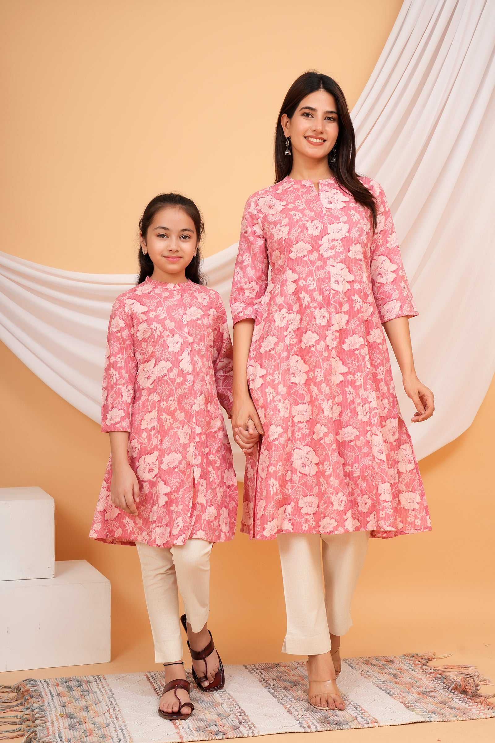 Floral Themed Pink Base Kantha Stitch Traditional Flower Printed Kurti for Maa Beti Duo - Pink
