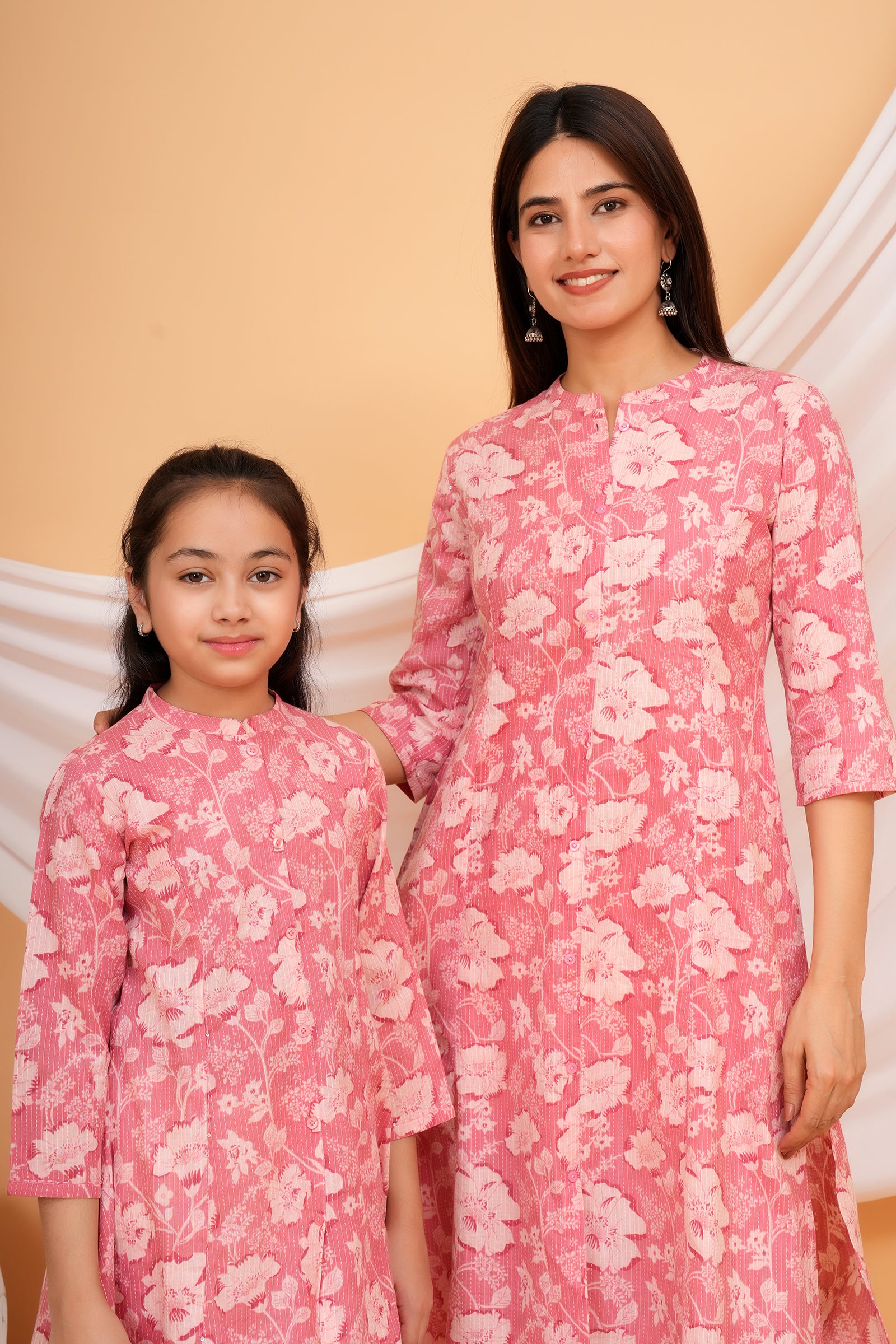 Floral Themed Pink Base Kantha Stitch Traditional Flower Printed Kurti for Maa Beti Duo - Pink