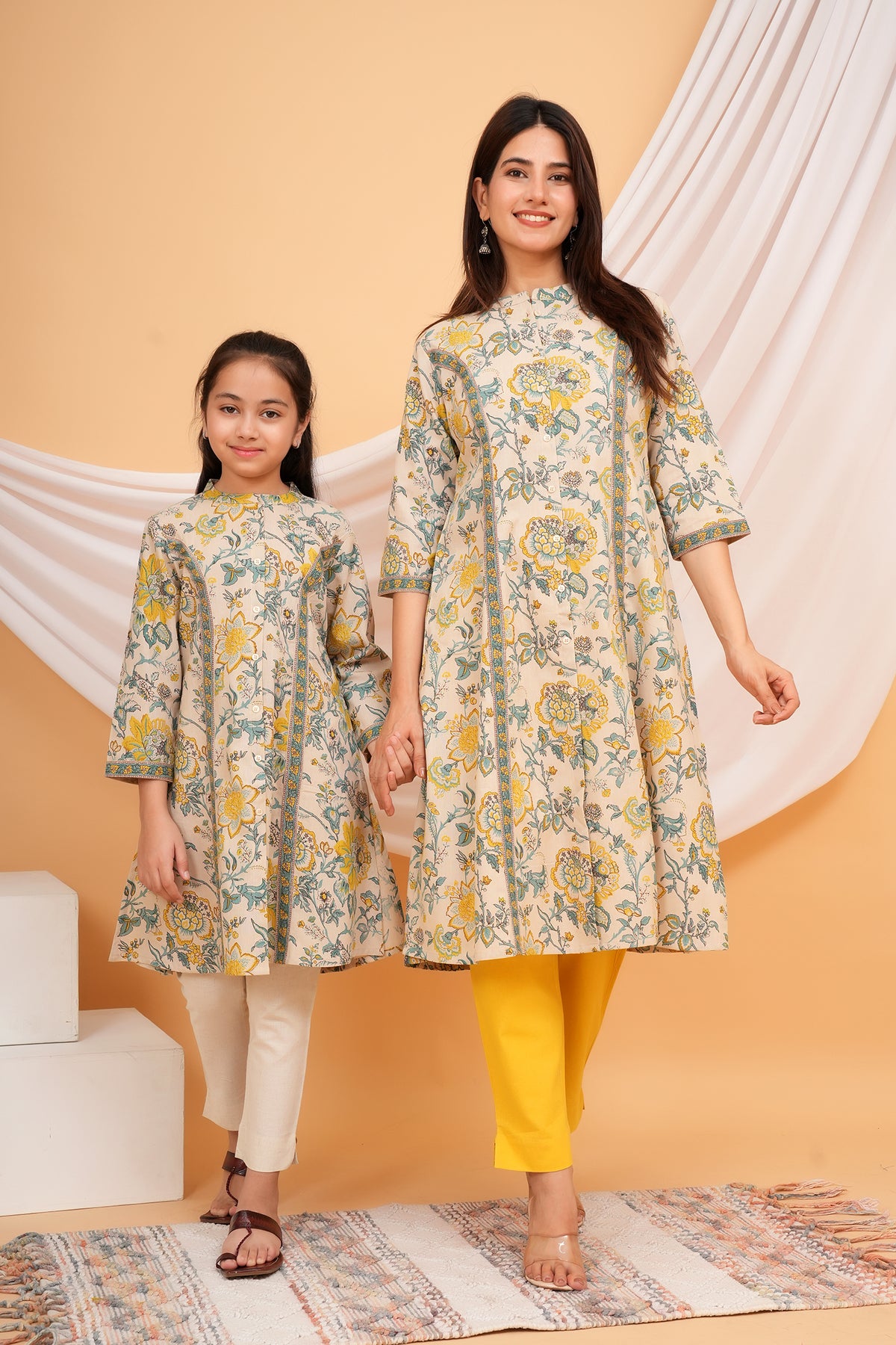 Soft Floral Botanical Printed Ethnic A-Line Kurti for Beti - Yellow