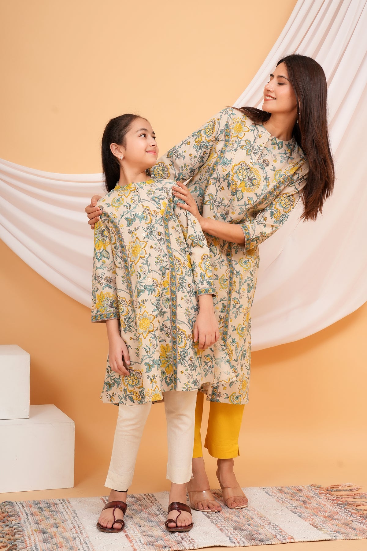 Soft Floral Botanical Printed Ethnic A-Line Kurti for Beti - Yellow