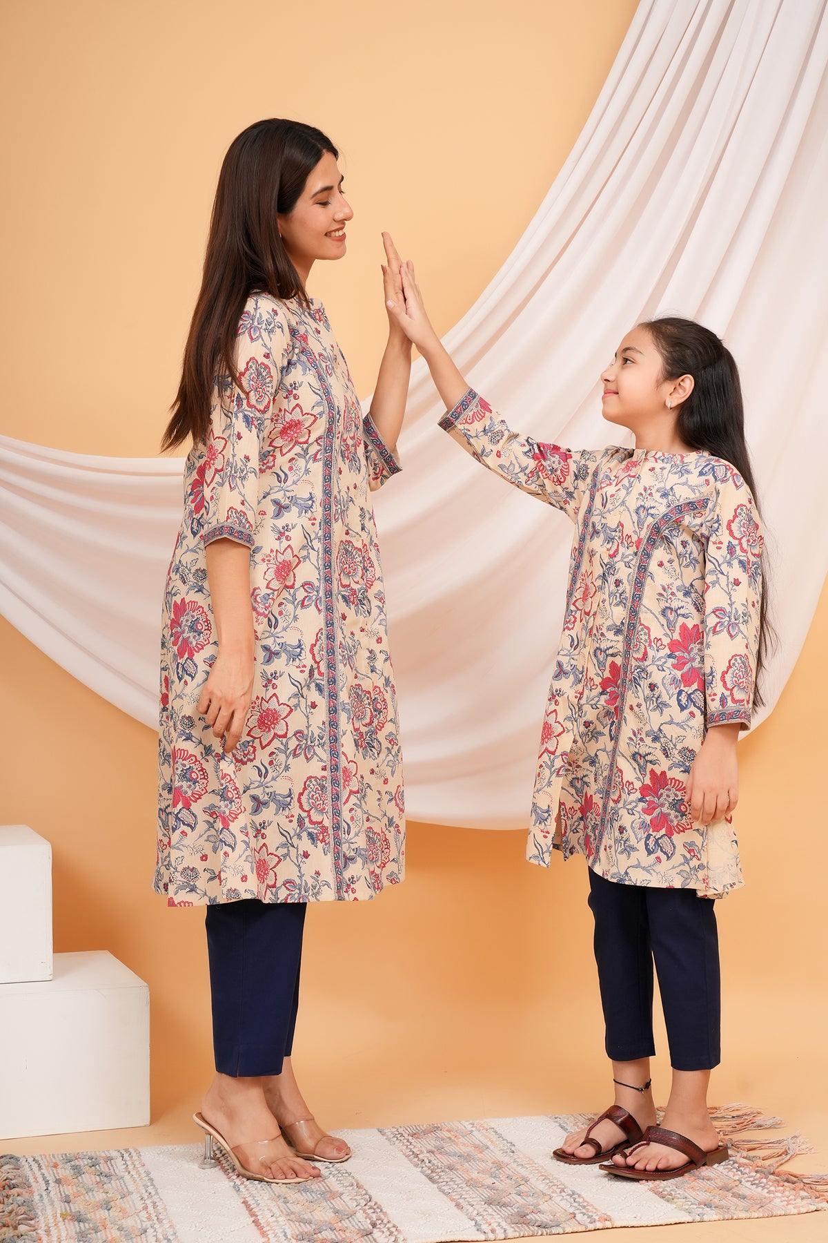 Solid Base Floral Printed Ethnic A-Line Kurti for Maa - Beige