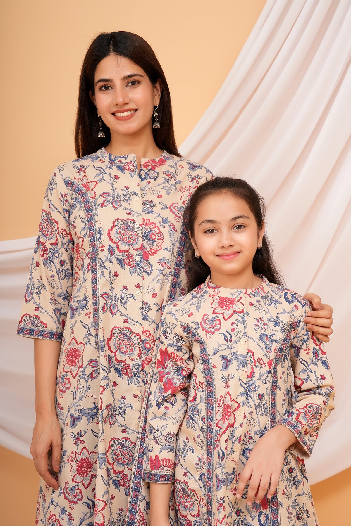 Solid Base Floral Printed Ethnic A-Line Kurti for Maa - Beige