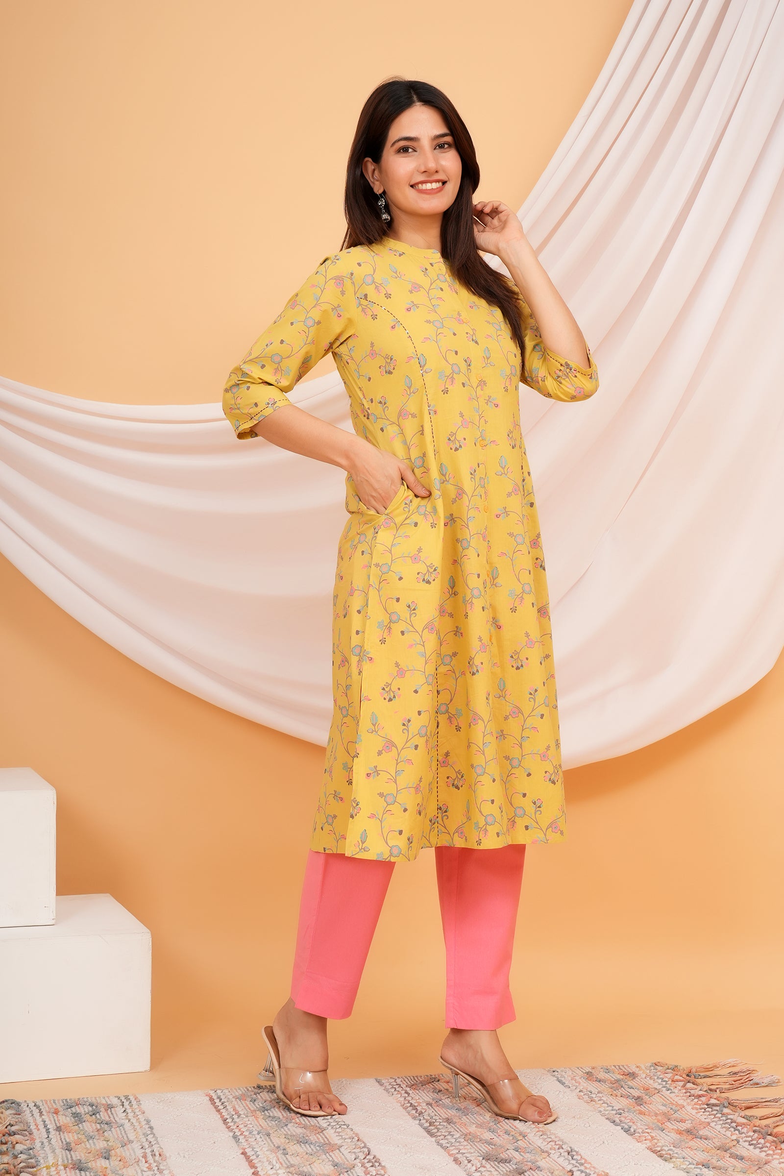 Floral Theme Traditional Flower Printed Kurti for Women - Yellow