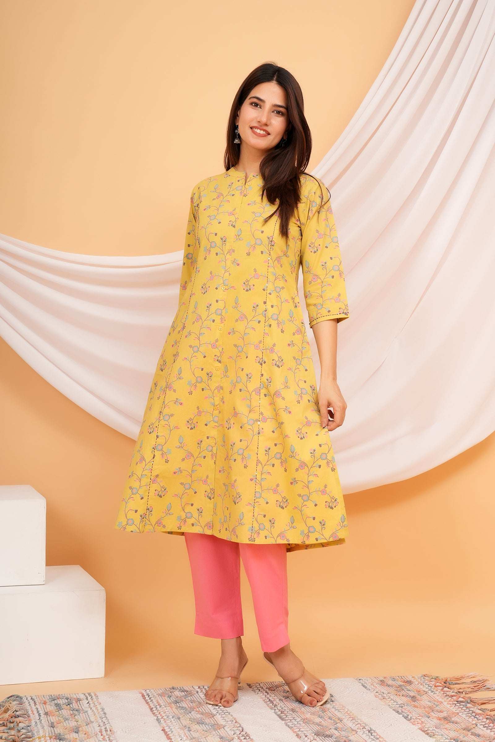 Floral Theme Traditional Flower Printed Kurti for Women - Yellow