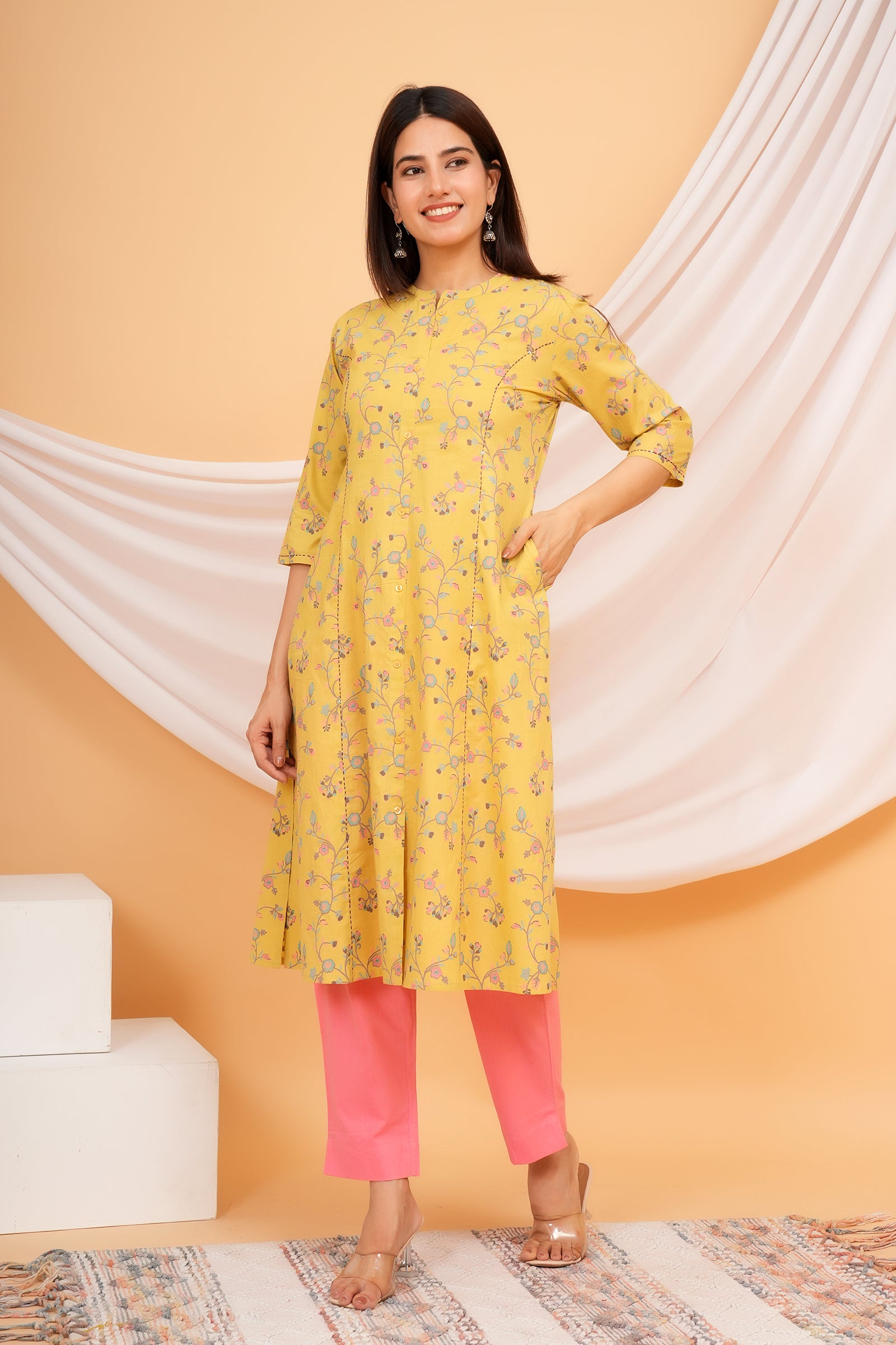 Floral Theme Traditional Flower Printed Kurti for Women - Yellow