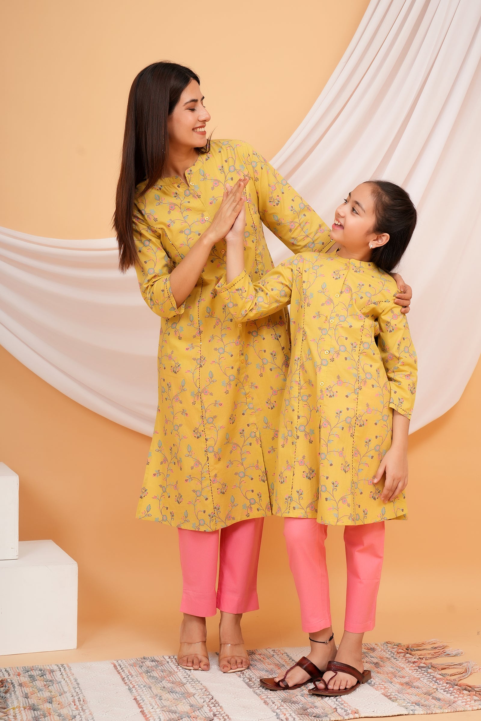 Floral Theme Traditional Flower Printed Kurti for Maa Beti Duo - Yellow