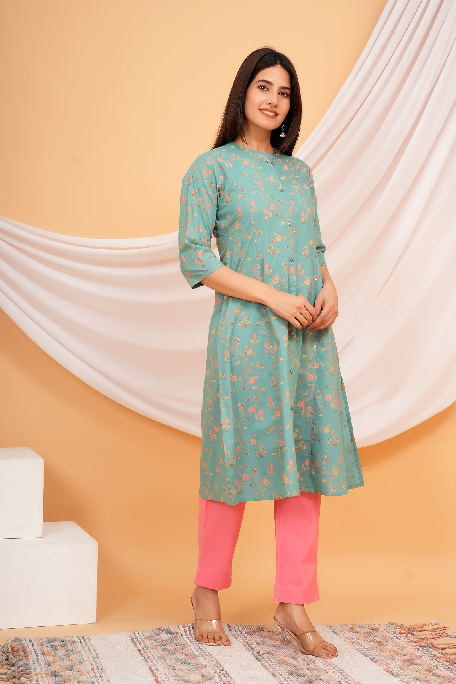 Floral Theme Traditional Flower Printed Kurti for Women - Pista