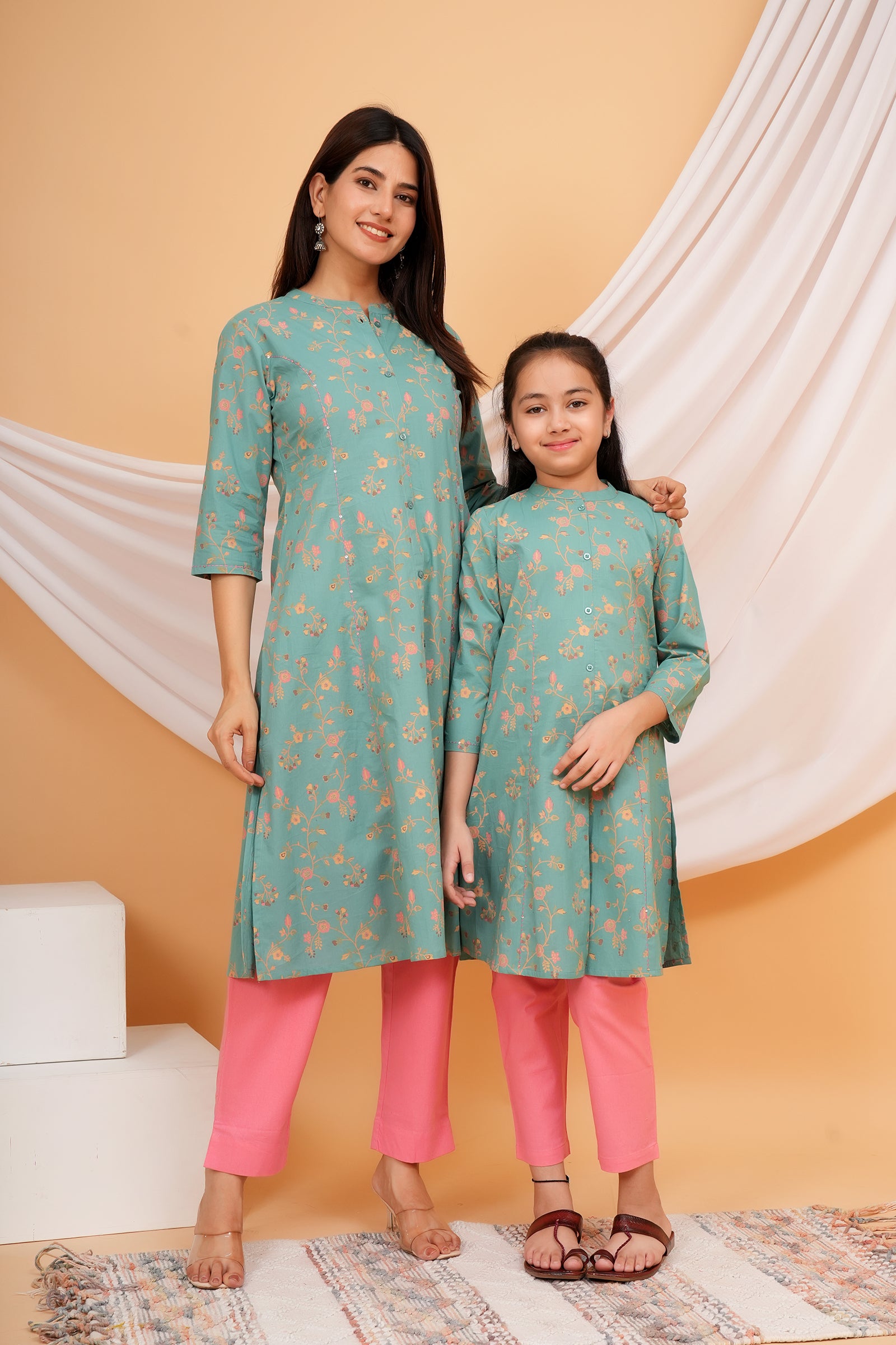 Floral Theme Traditional Flower Printed Kurti for Maa Beti Duo - Pista