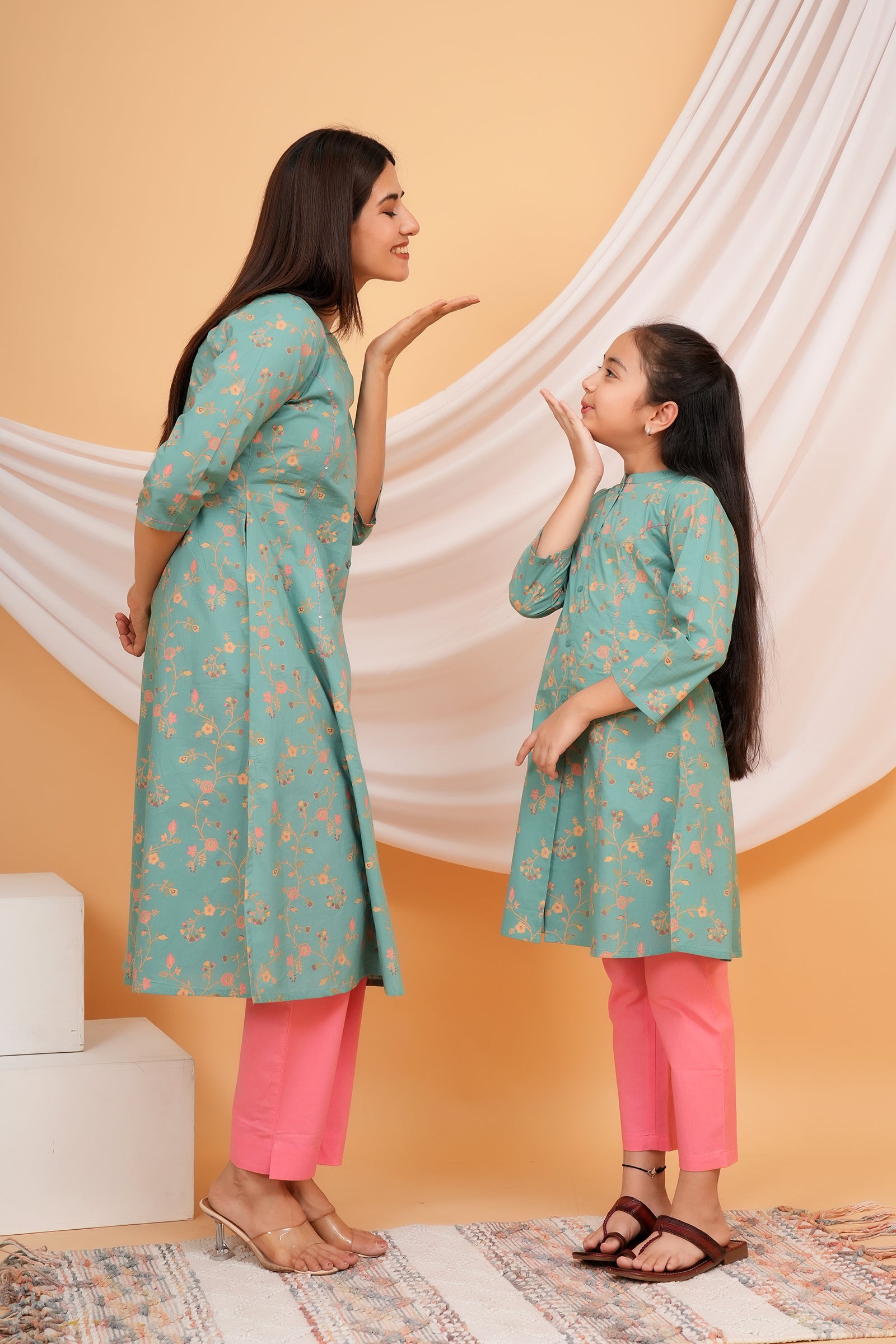 Floral Theme Traditional Flower Printed Kurti for Maa Beti Duo - Pista