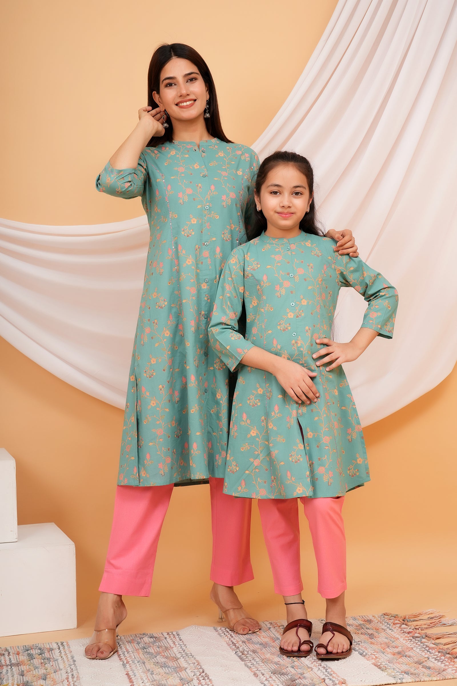 Floral Theme Traditional Flower Printed Kurti for Maa Beti Duo - Pista