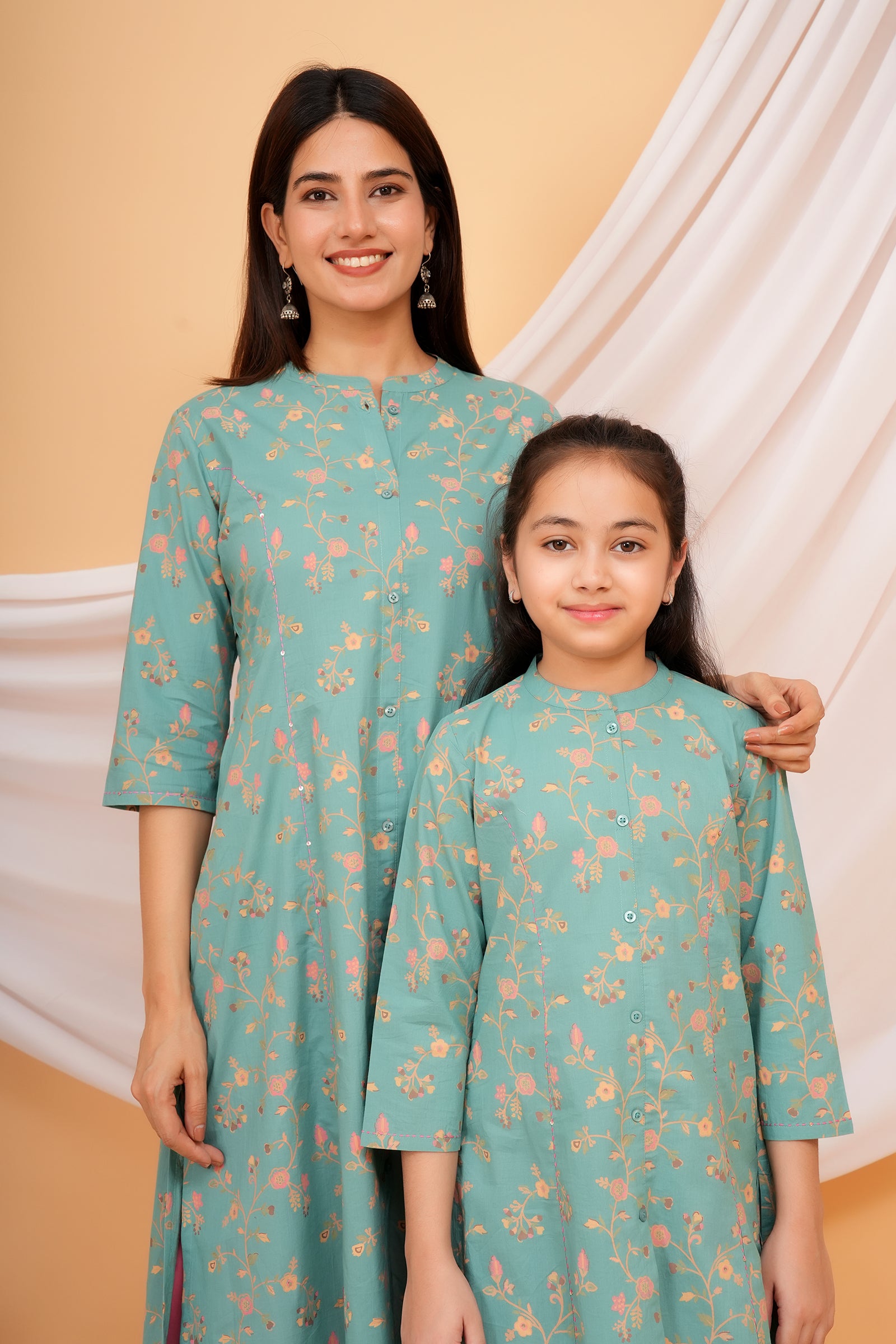 Floral Theme Traditional Flower Printed Kurti for Maa Beti Duo - Pista