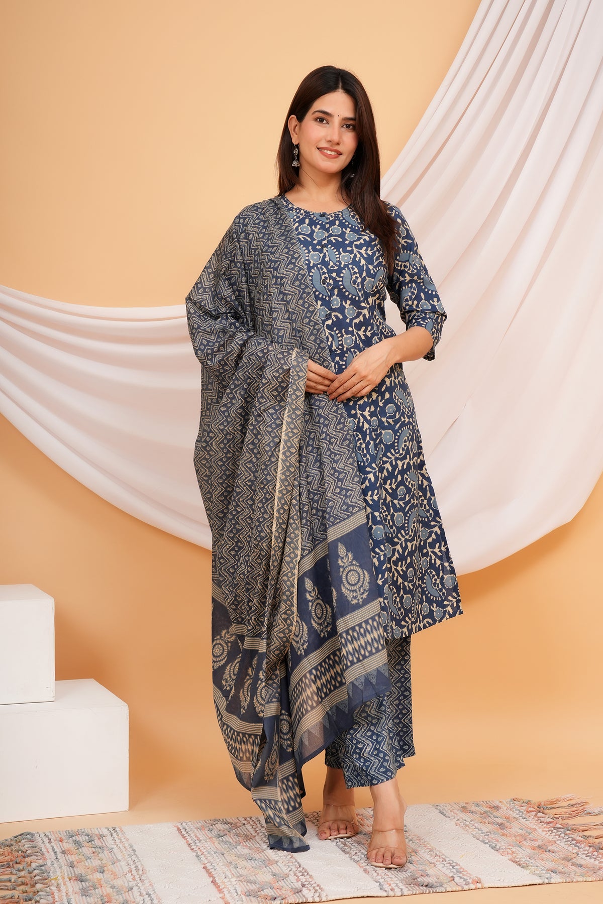 Ajrakh Inspired Paisley, Floral, and Geometric Motif Printed 3 PC Kurta Set - Indigo Blue