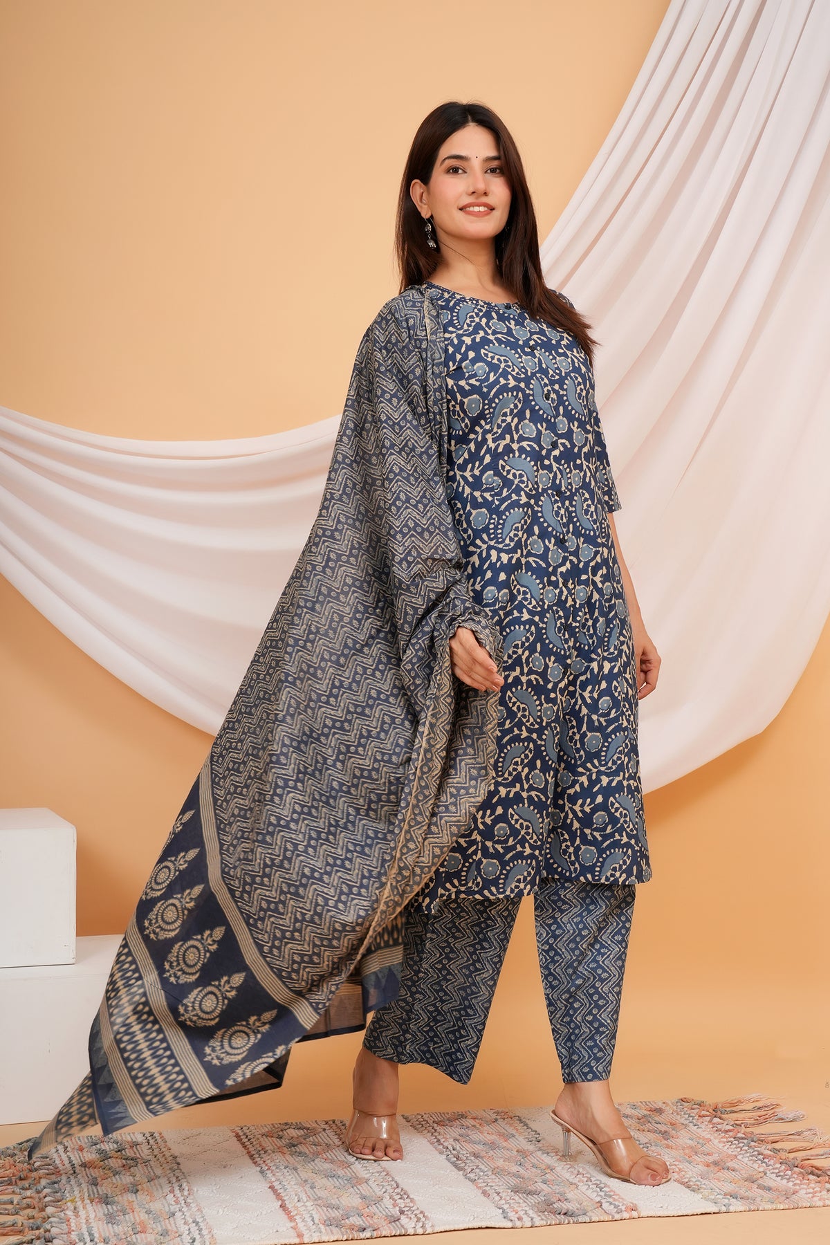 Ajrakh Inspired Paisley, Floral, and Geometric Motif Printed 3 PC Kurta Set - Indigo Blue
