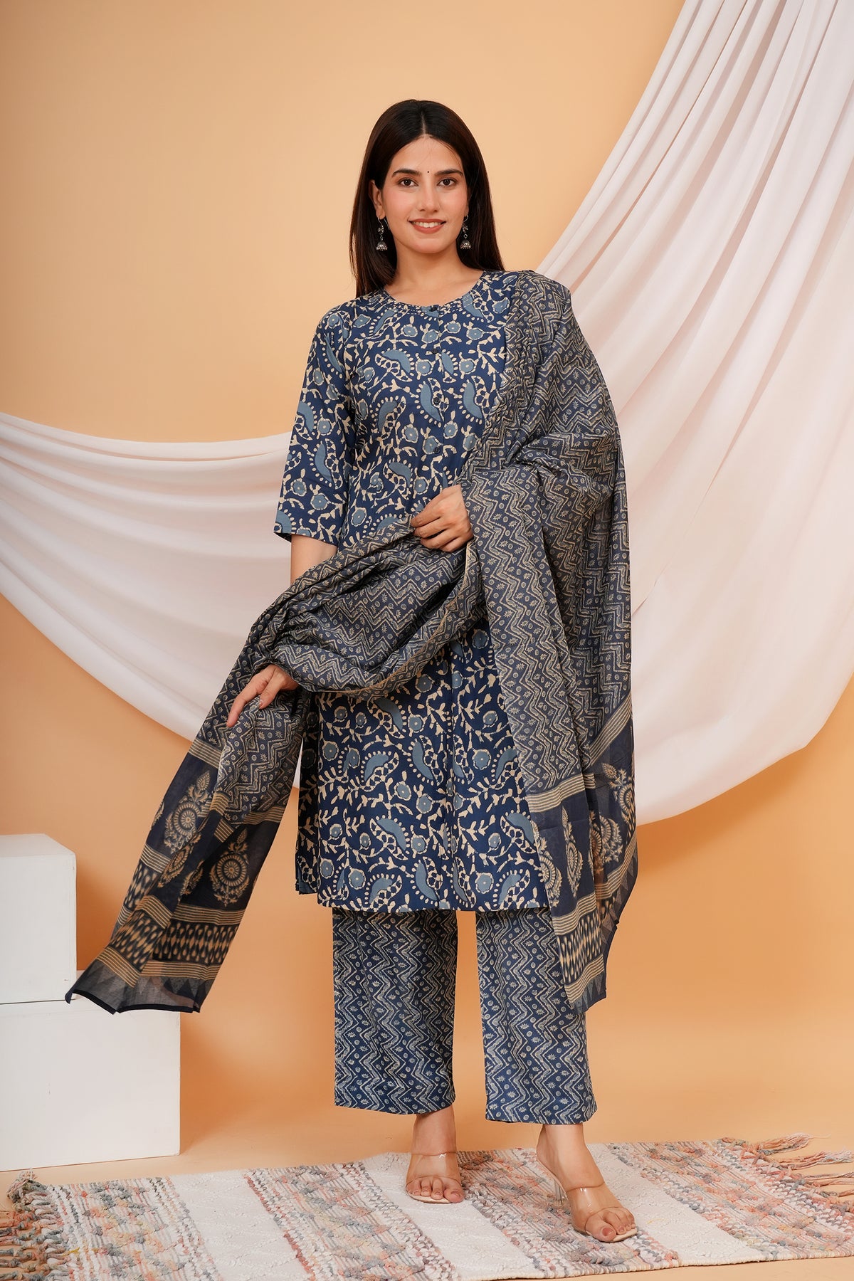 Ajrakh Inspired Paisley, Floral, and Geometric Motif Printed 3 PC Kurta Set - Indigo Blue