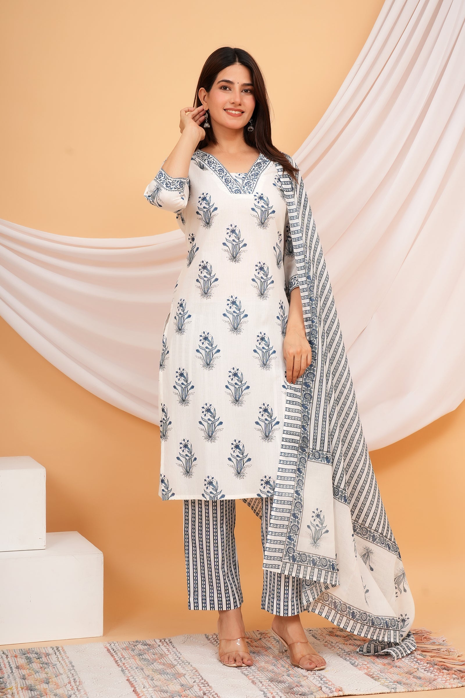 Windflower Printed Ladies Traditional Ethnic Wear 3 Pcs Set - White