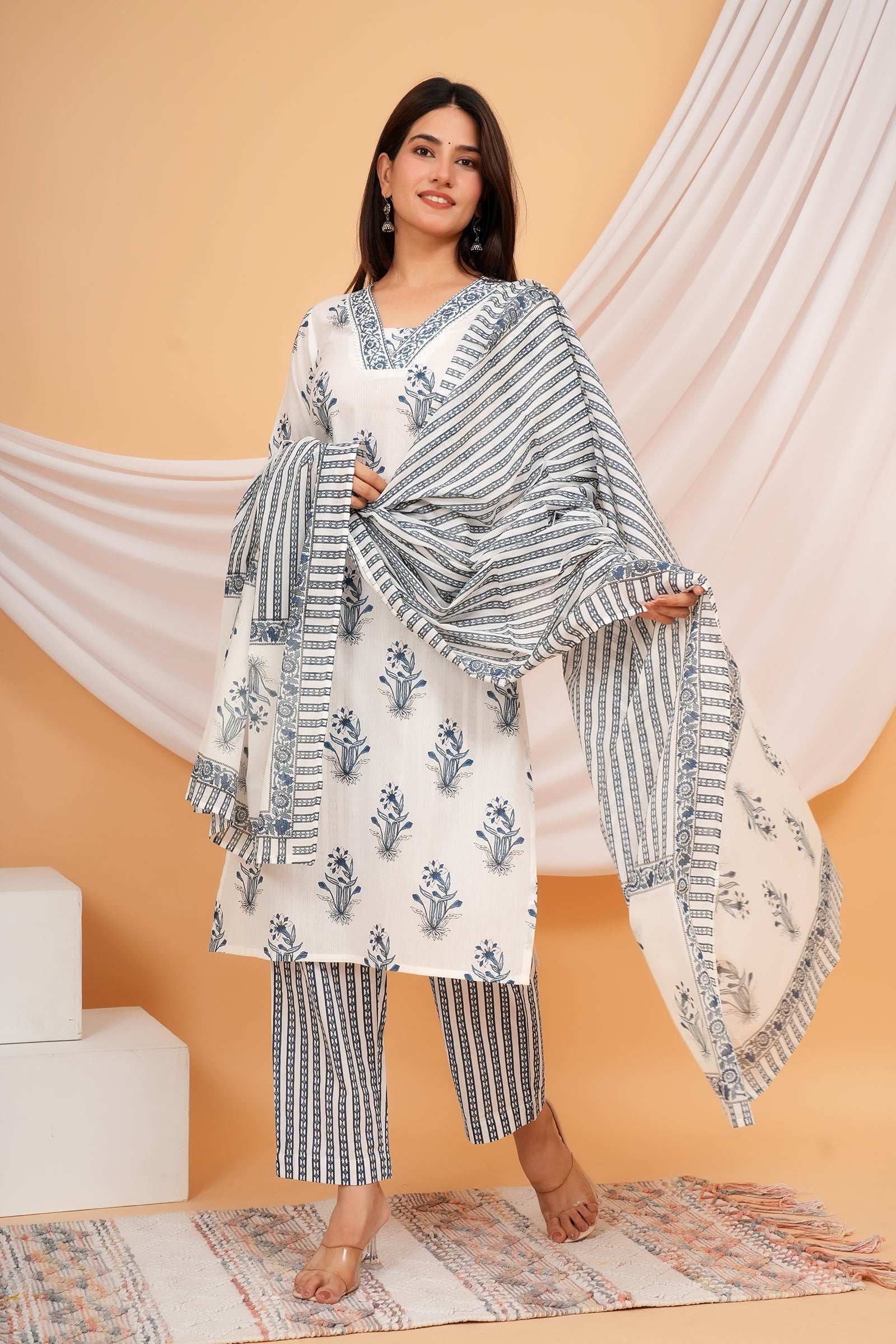 Windflower Printed Ladies Traditional Ethnic Wear 3 Pcs Set - White