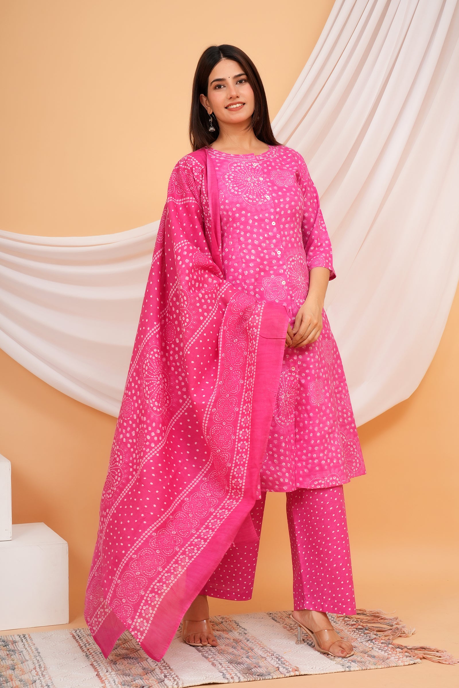 Jaipuri Floral Printed Ladies Traditional Ethnic Wear 3 Pcs Set - Pink