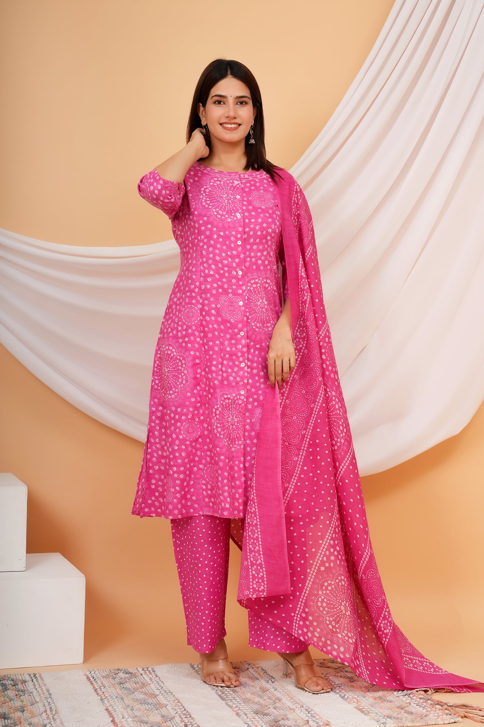 Jaipuri Floral Printed Ladies Traditional Ethnic Wear 3 Pcs Set - Pink