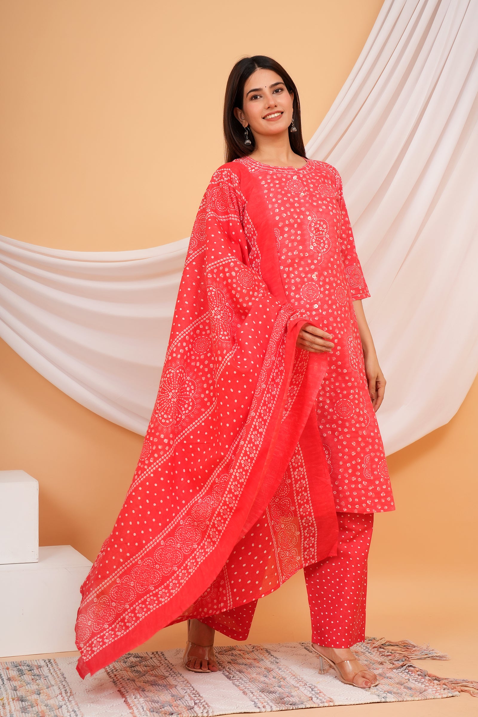 Jaipuri Floral Printed Ladies Traditional Ethnic Wear 3 Pcs Set - Red