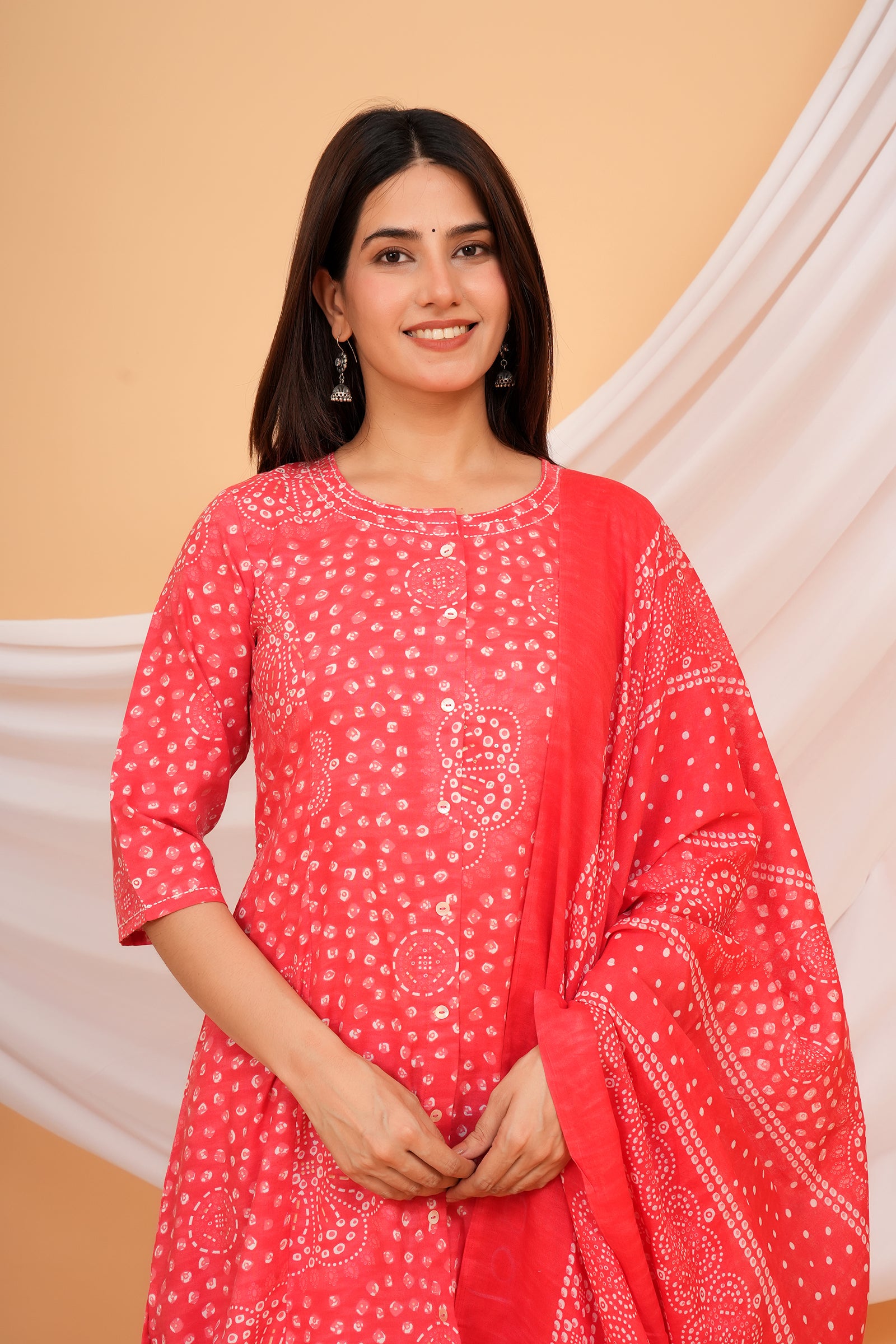 Jaipuri Floral Printed Ladies Traditional Ethnic Wear 3 Pcs Set - Red