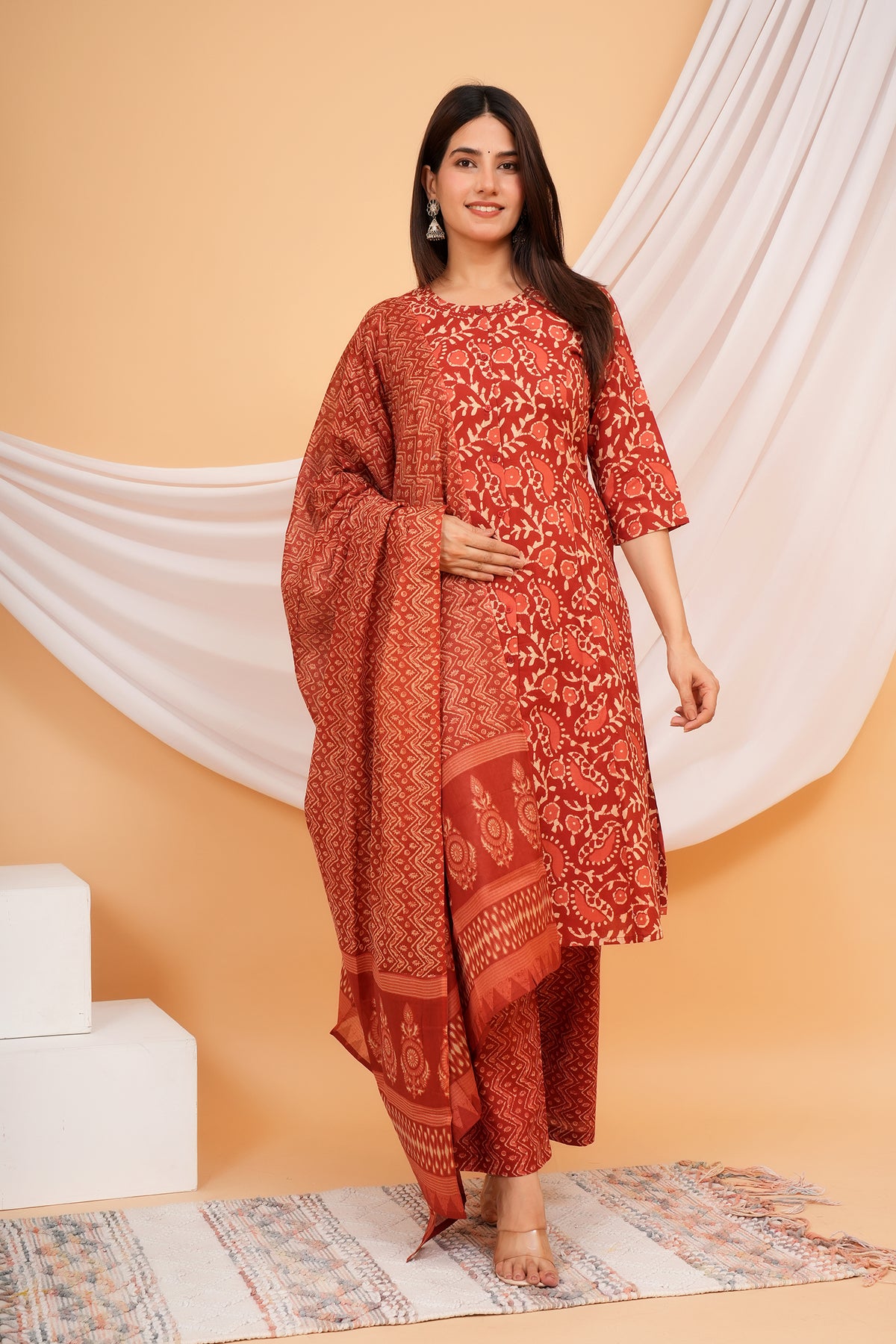 Ajrakh Inspired Paisley, Floral, and Geometric Motif Printed 3 PC Kurta Set - Maroon Red