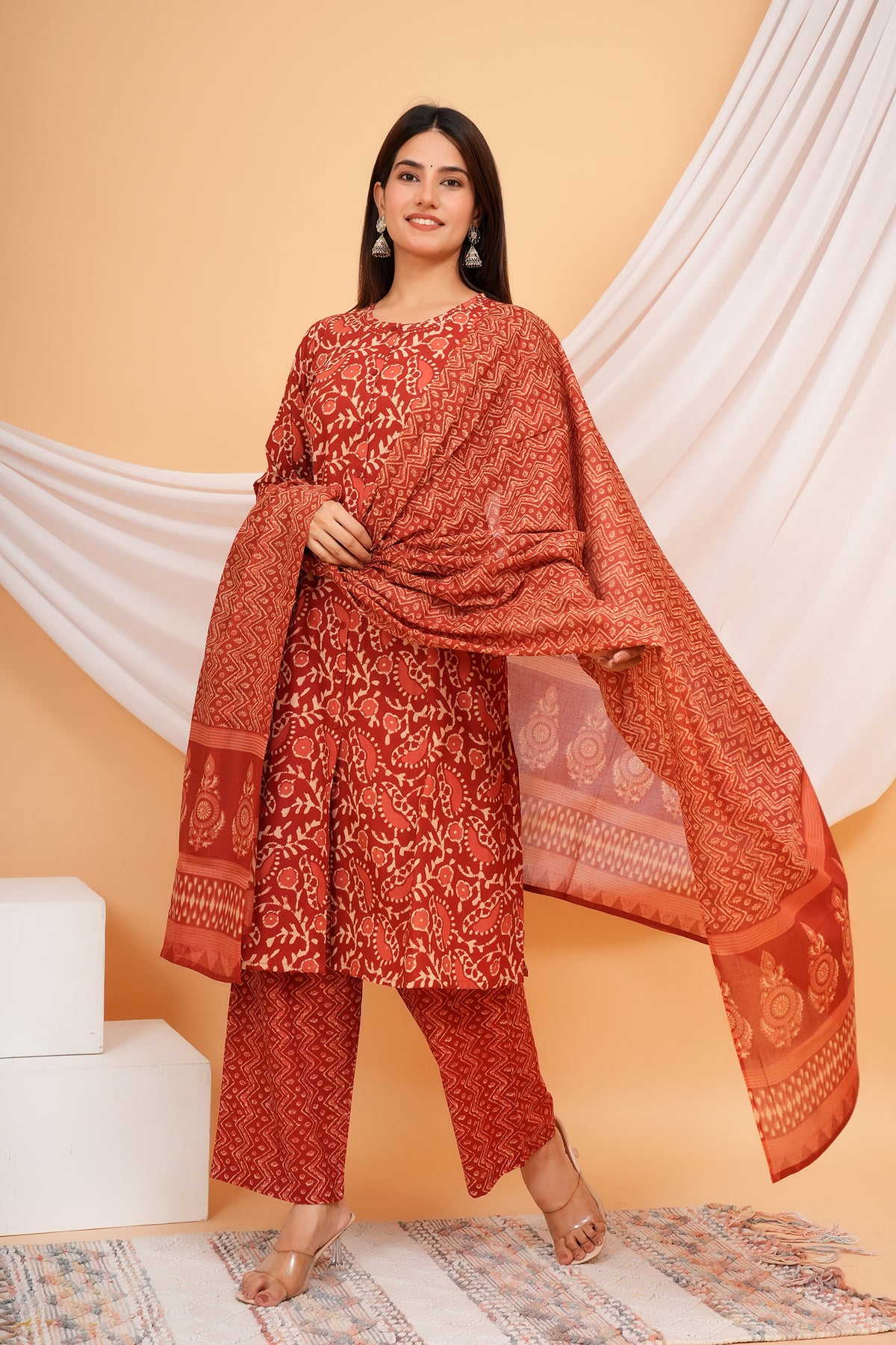 Ajrakh Inspired Paisley, Floral, and Geometric Motif Printed 3 PC Kurta Set - Maroon Red