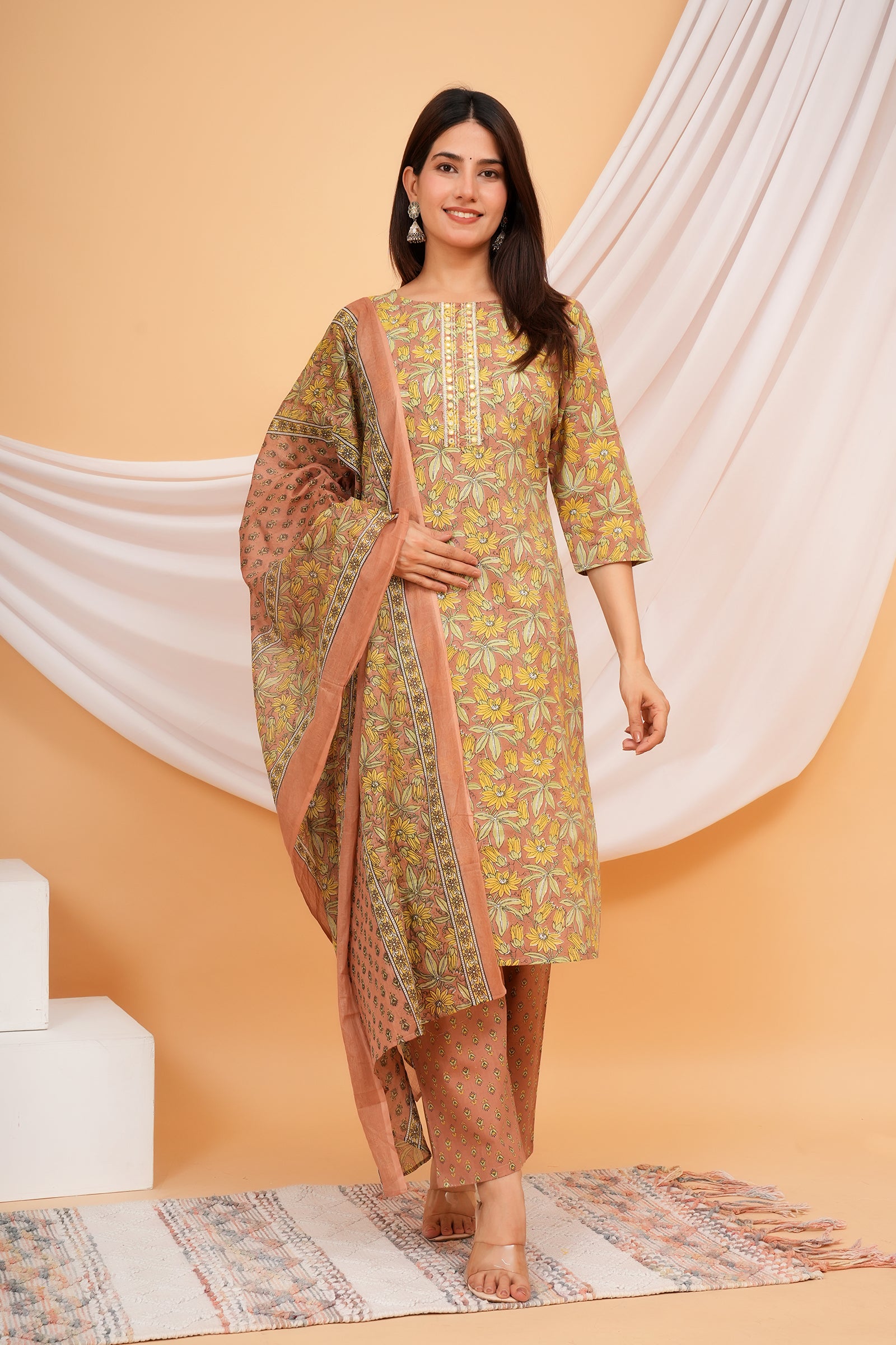 Full Body Flower Printed Traditional Ethnic Wear 3 Pcs Set with Dupatta - Brown
