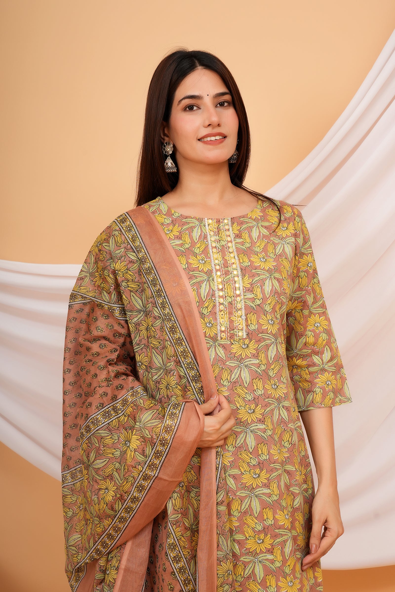 Full Body Flower Printed Traditional Ethnic Wear 3 Pcs Set with Dupatta - Brown
