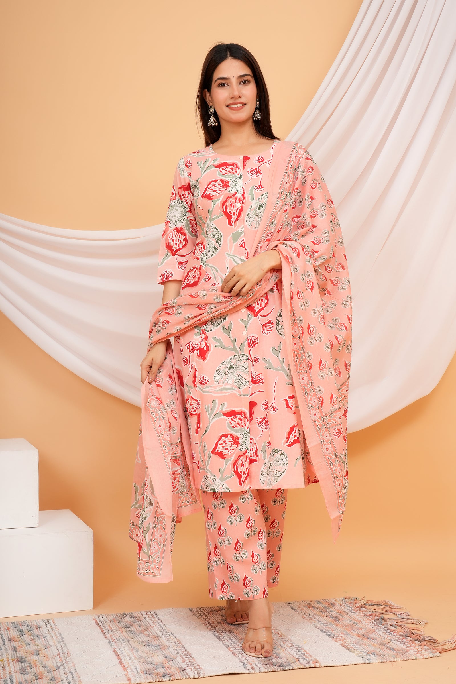Floral Printed Ladies Traditional Ethnic Wear 3 Pcs Set - Peach with Red Flower