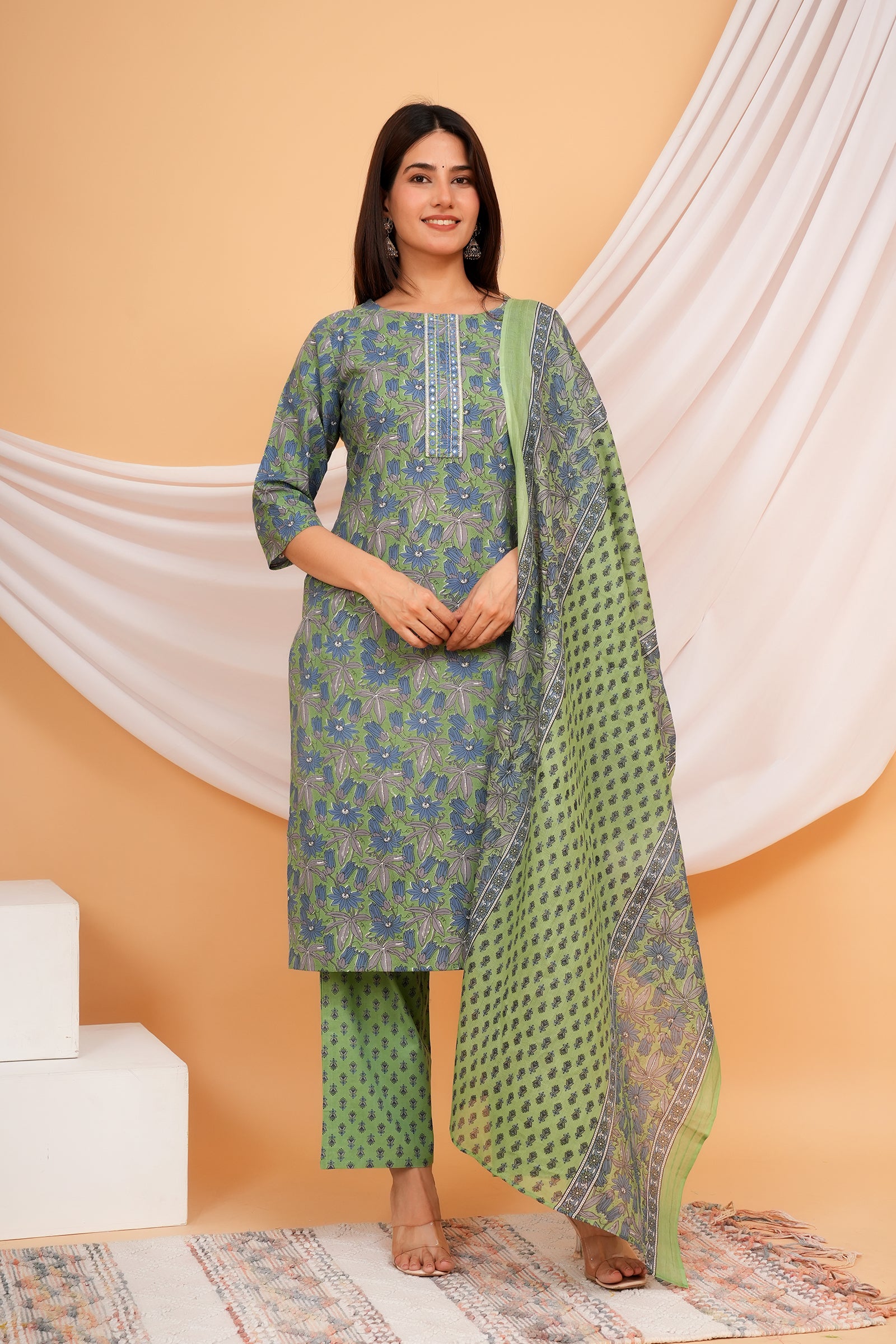 Full Body Flower Printed Traditional Ethnic Wear 3 Pcs Set with Dupatta - Light Olive