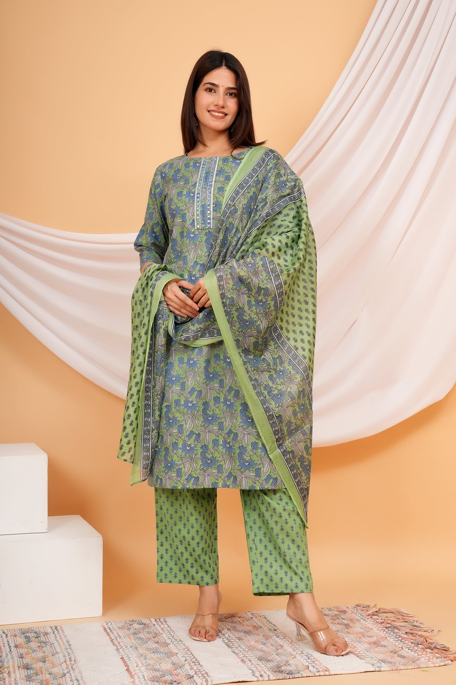 Full Body Flower Printed Traditional Ethnic Wear 3 Pcs Set with Dupatta - Light Olive