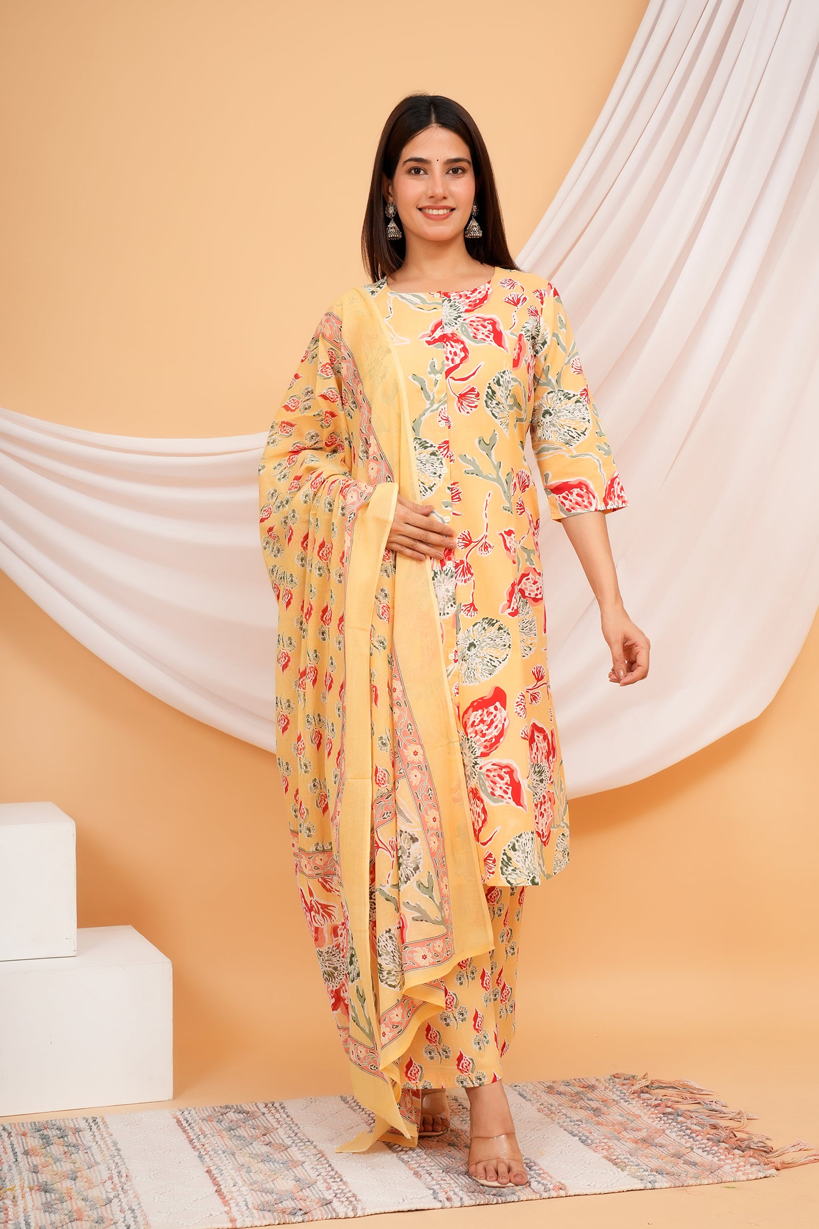 Floral Printed Ladies Traditional Ethnic Wear 3 Pcs Set - Yellow with Red Flower