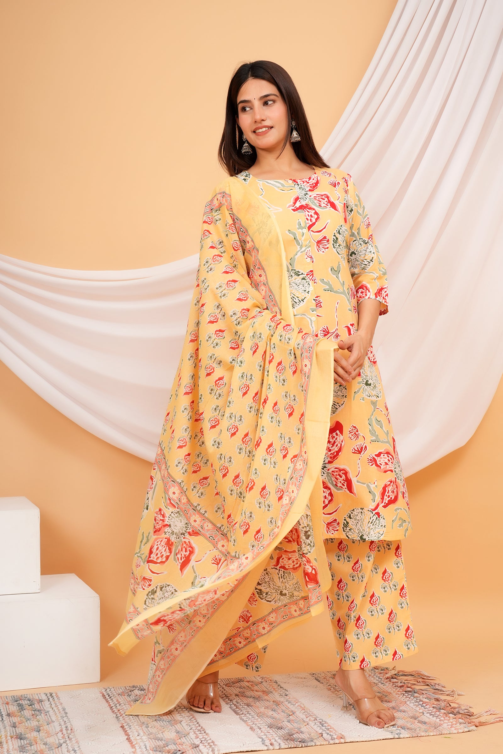 Floral Printed Ladies Traditional Ethnic Wear 3 Pcs Set - Yellow with Red Flower