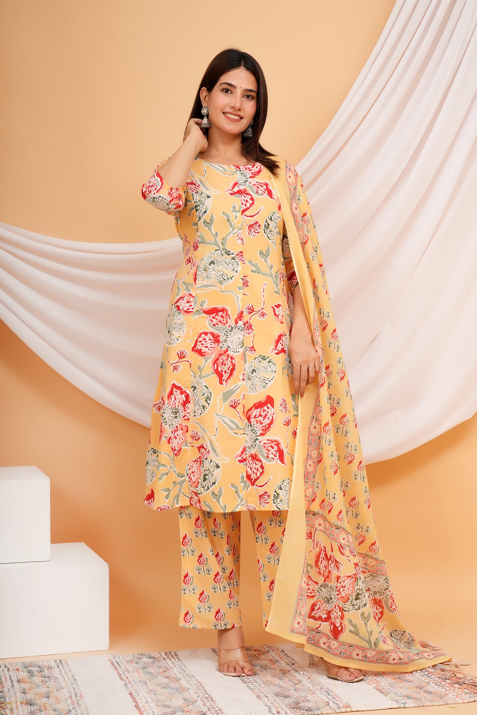 Floral Printed Ladies Traditional Ethnic Wear 3 Pcs Set - Yellow with Red Flower