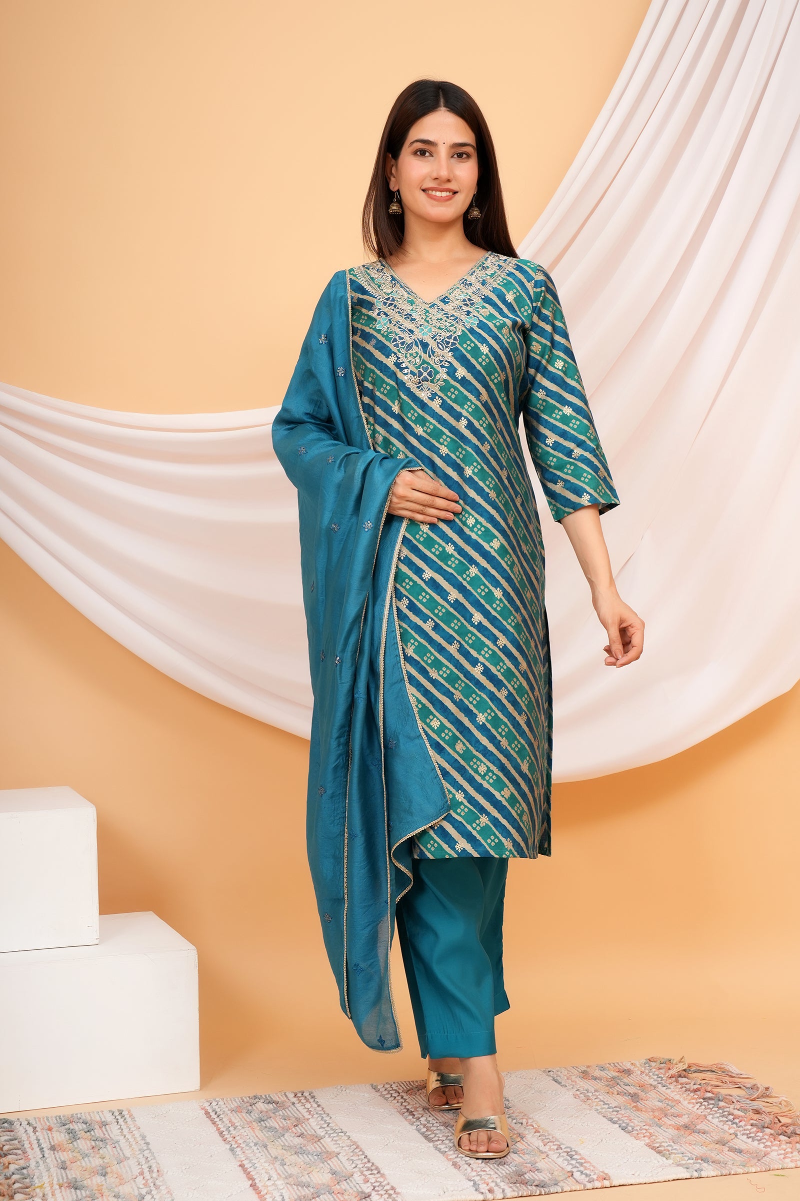 Women's Printed Traditional Ethnic Wear 3 Pcs Set with Embroidered Dupatta - Teal Blue