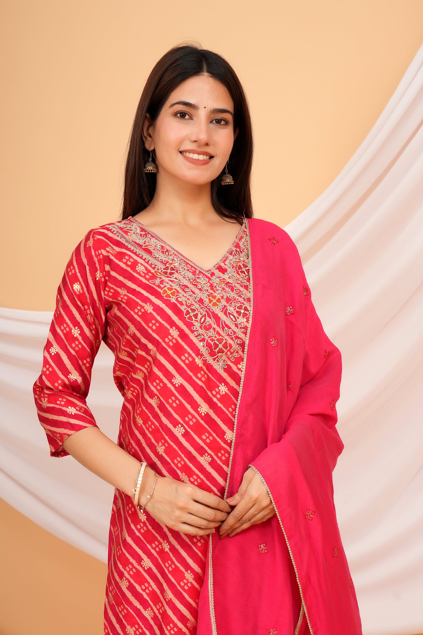 Women's Printed Traditional Ethnic Wear 3 Pcs Set with Embroidered Dupatta - Rani Pink