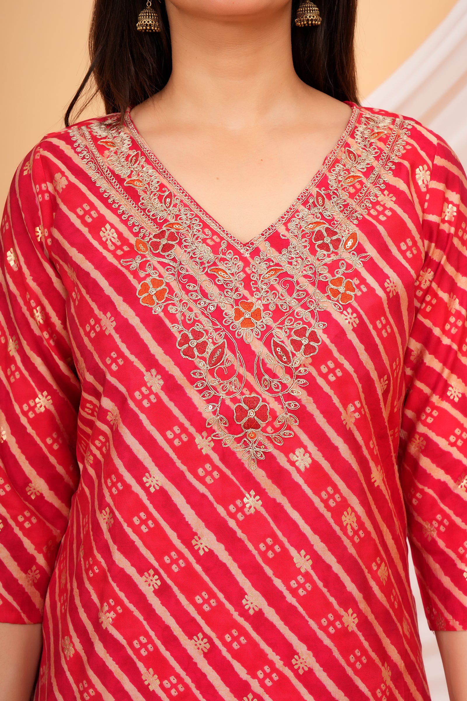 Women's Printed Traditional Ethnic Wear 3 Pcs Set with Embroidered Dupatta - Rani Pink