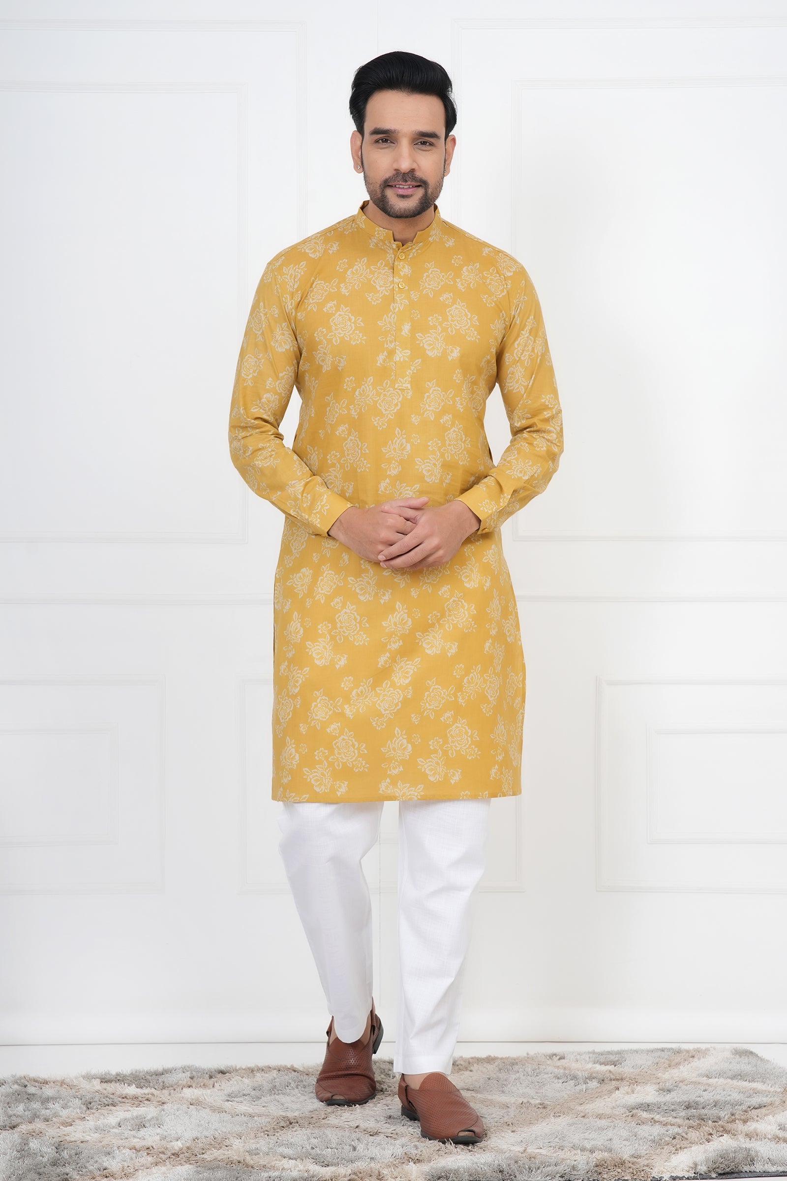 Yellow Men Flower Printed Cotton Kurti