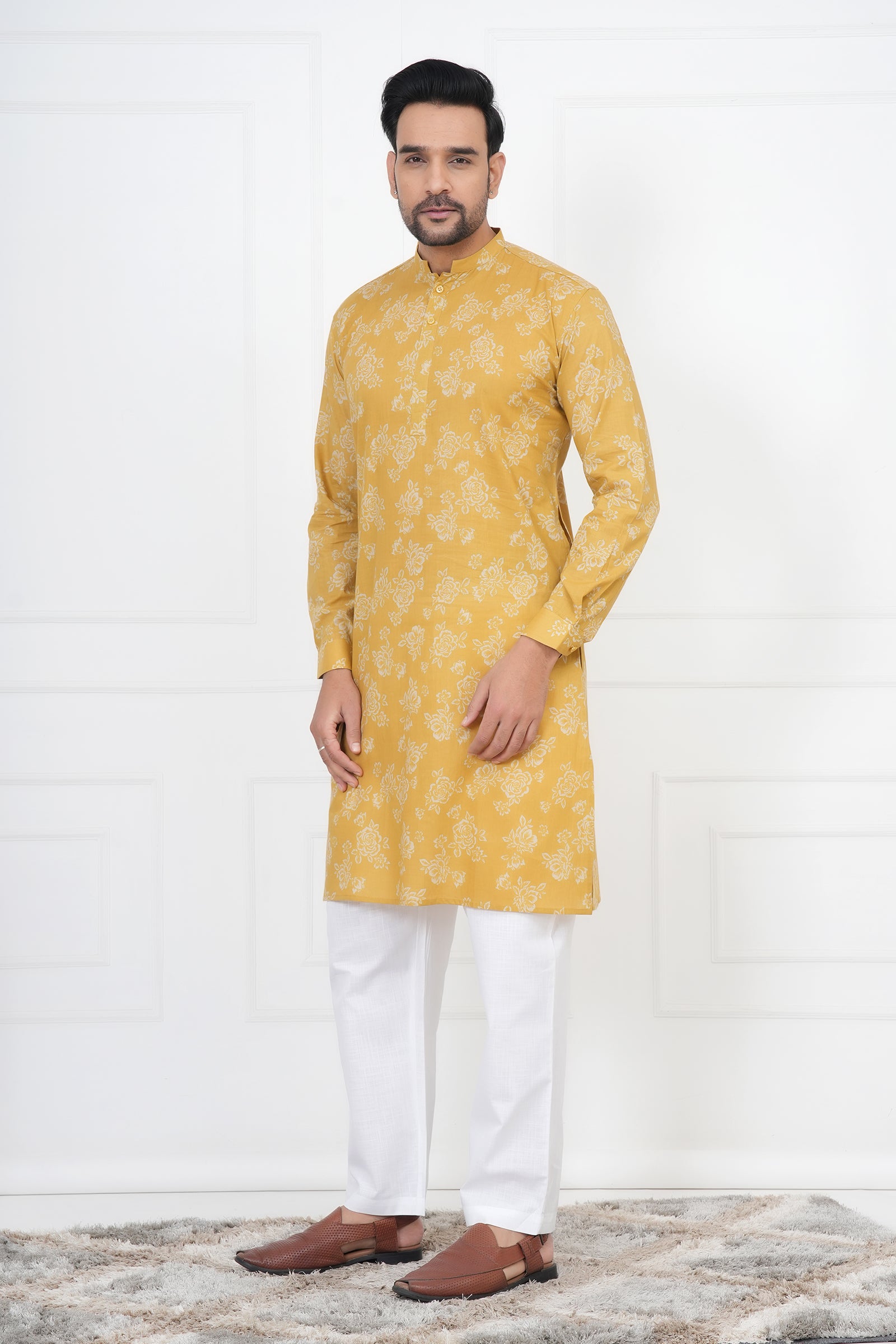 Yellow Men Flower Printed Cotton Kurti