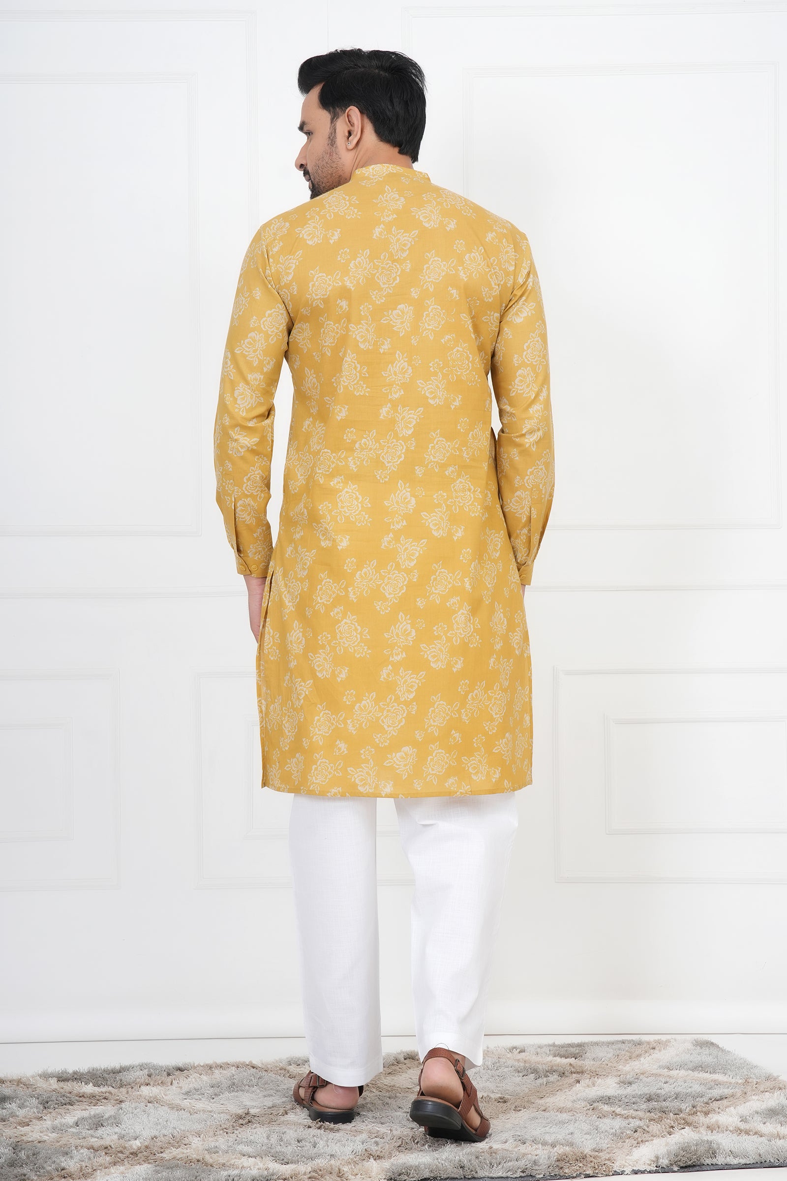 Yellow Men Flower Printed Cotton Kurti
