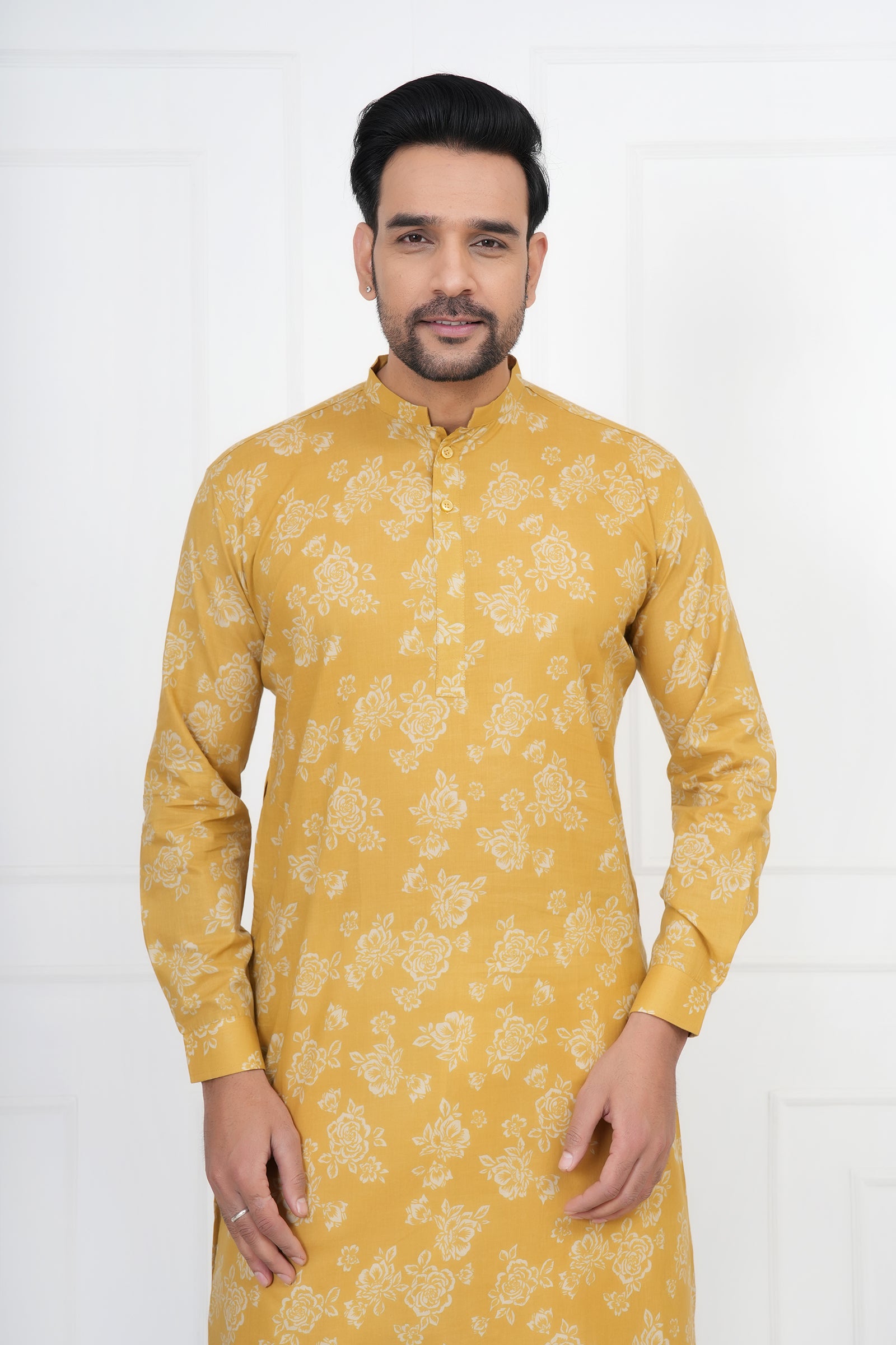 Yellow Men Flower Printed Cotton Kurti