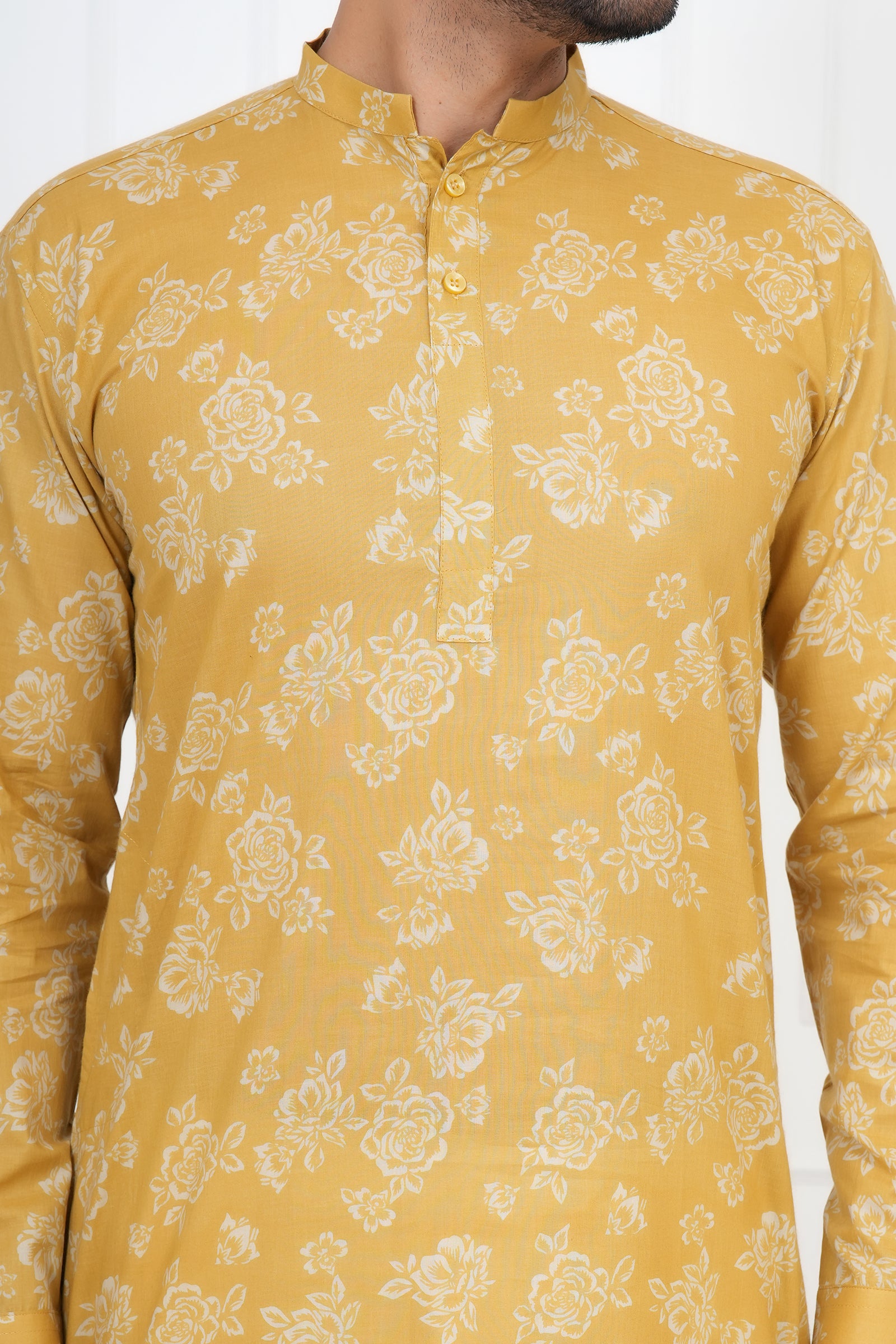 Yellow Men Flower Printed Cotton Kurti