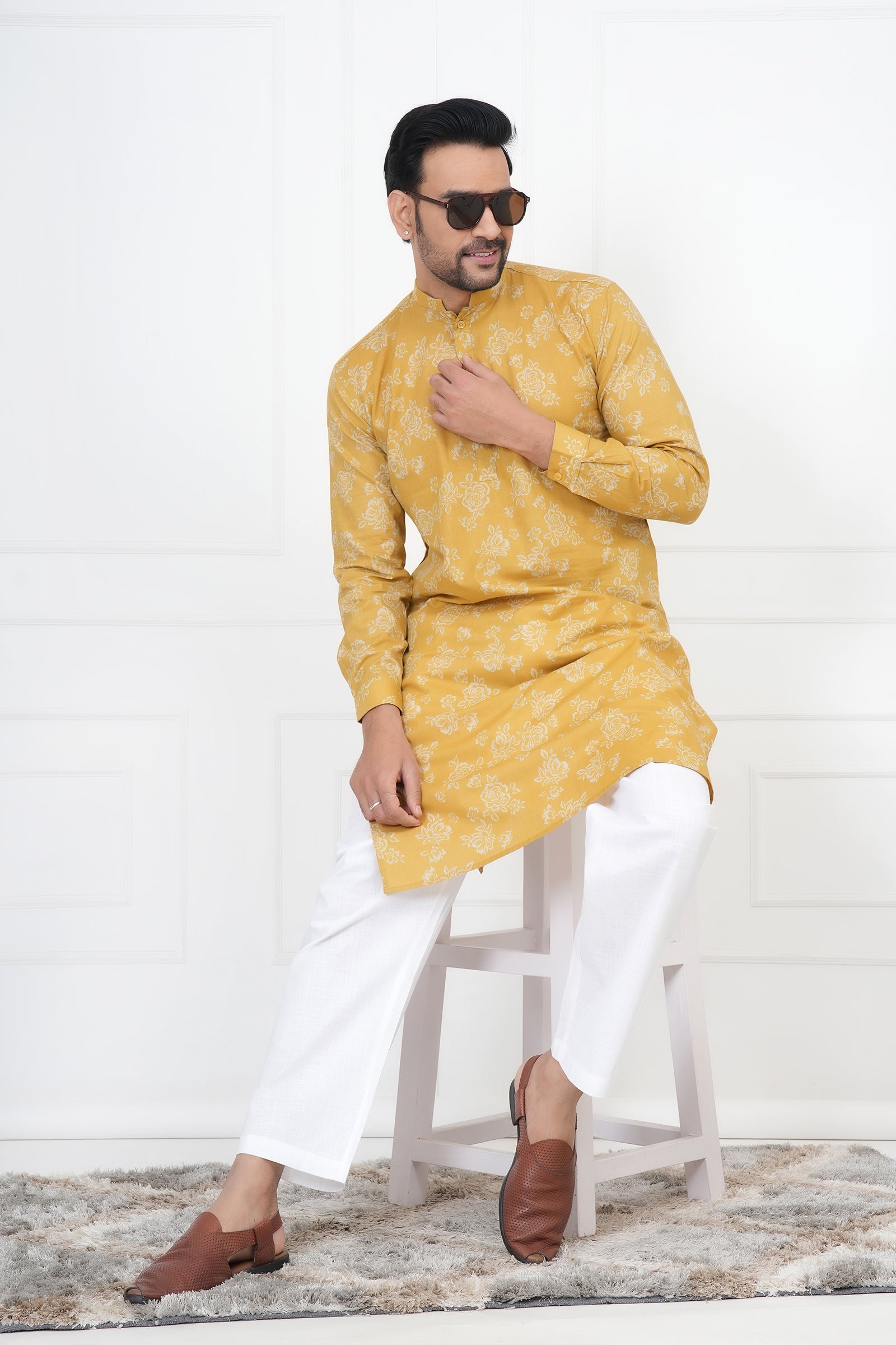 Yellow Men Flower Printed Cotton Kurti