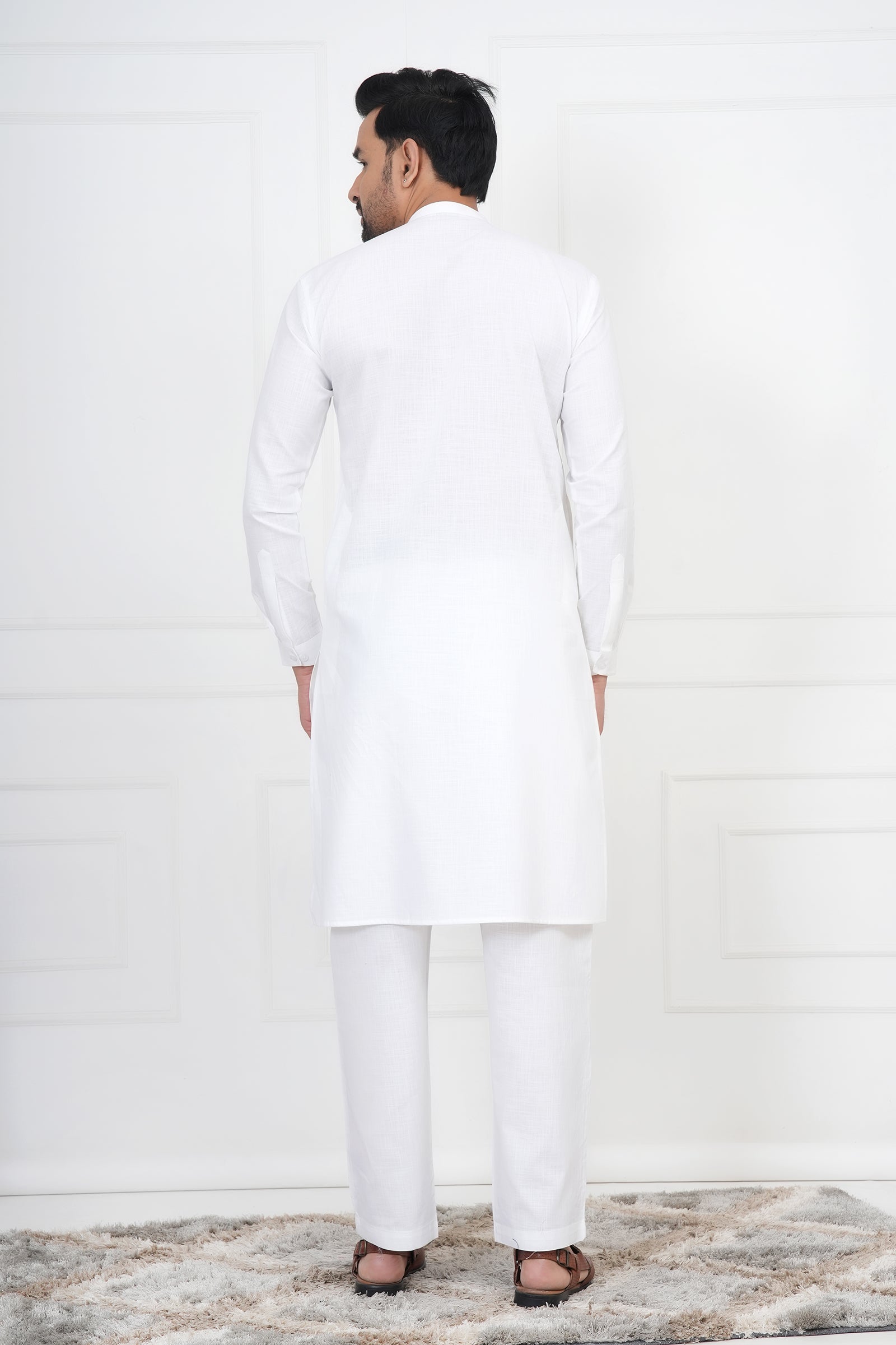 White Solid Color Cotton Kurta For Men